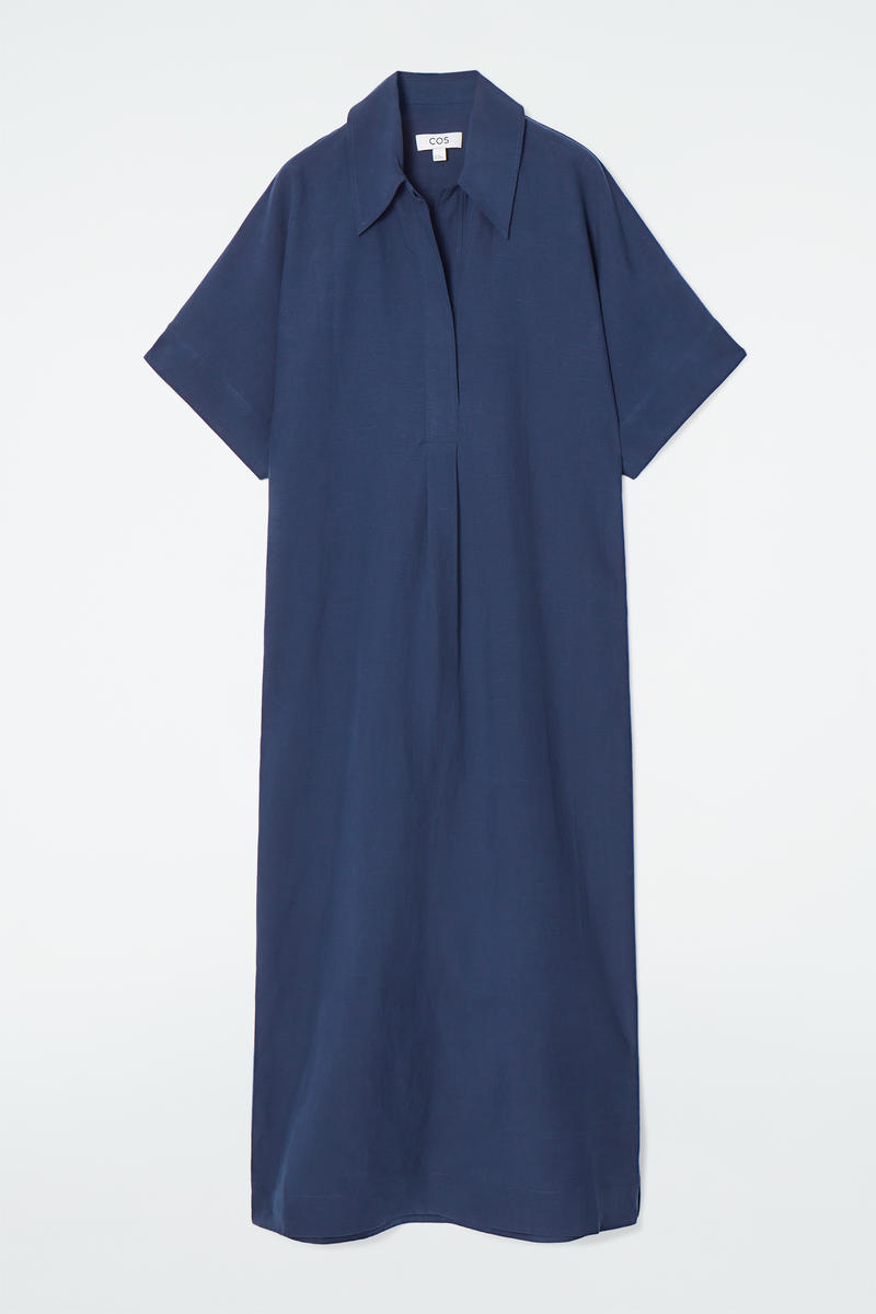 Linen-Blend Midi Shirt Dress in Blue