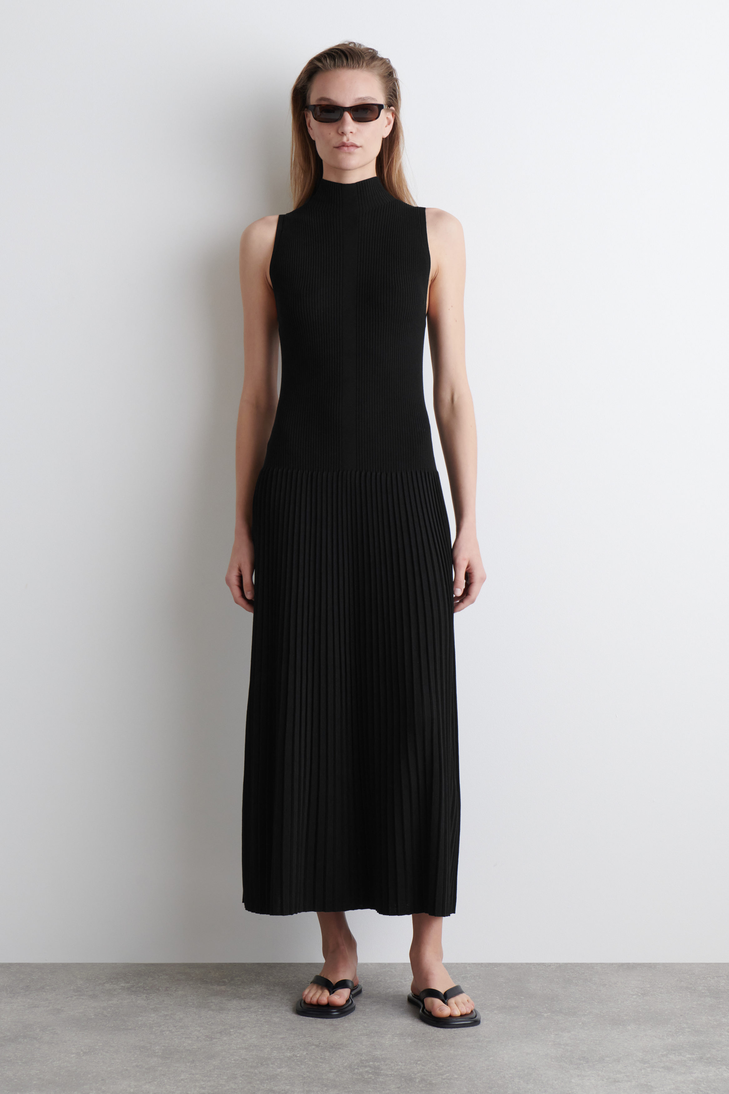 PLEATED HIGH-NECK MAXI DRESS