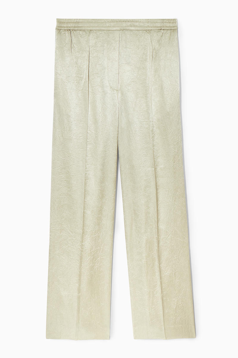 Straight-Leg Crinkled-Satin Trousers in Beige