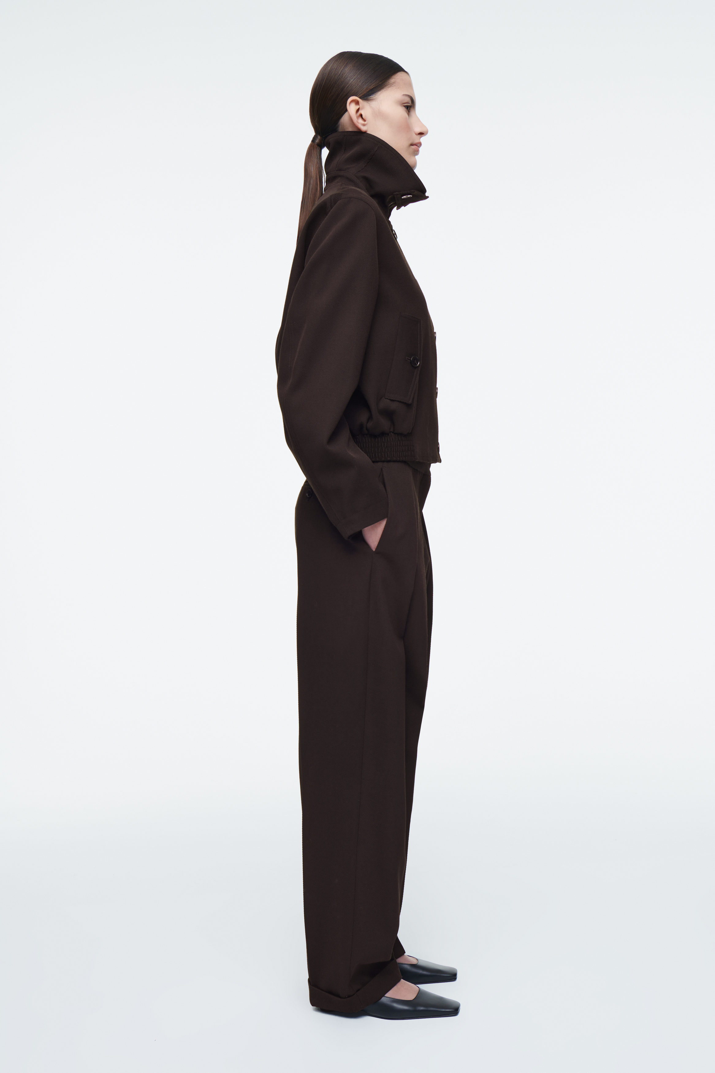 OVERSIZED FUNNEL-NECK WOOL-BLEND JACKET - DARK BROWN