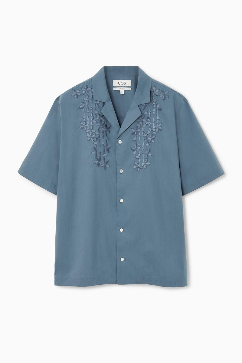 Floral Embroidered Short-Sleeved Shirt in Blue