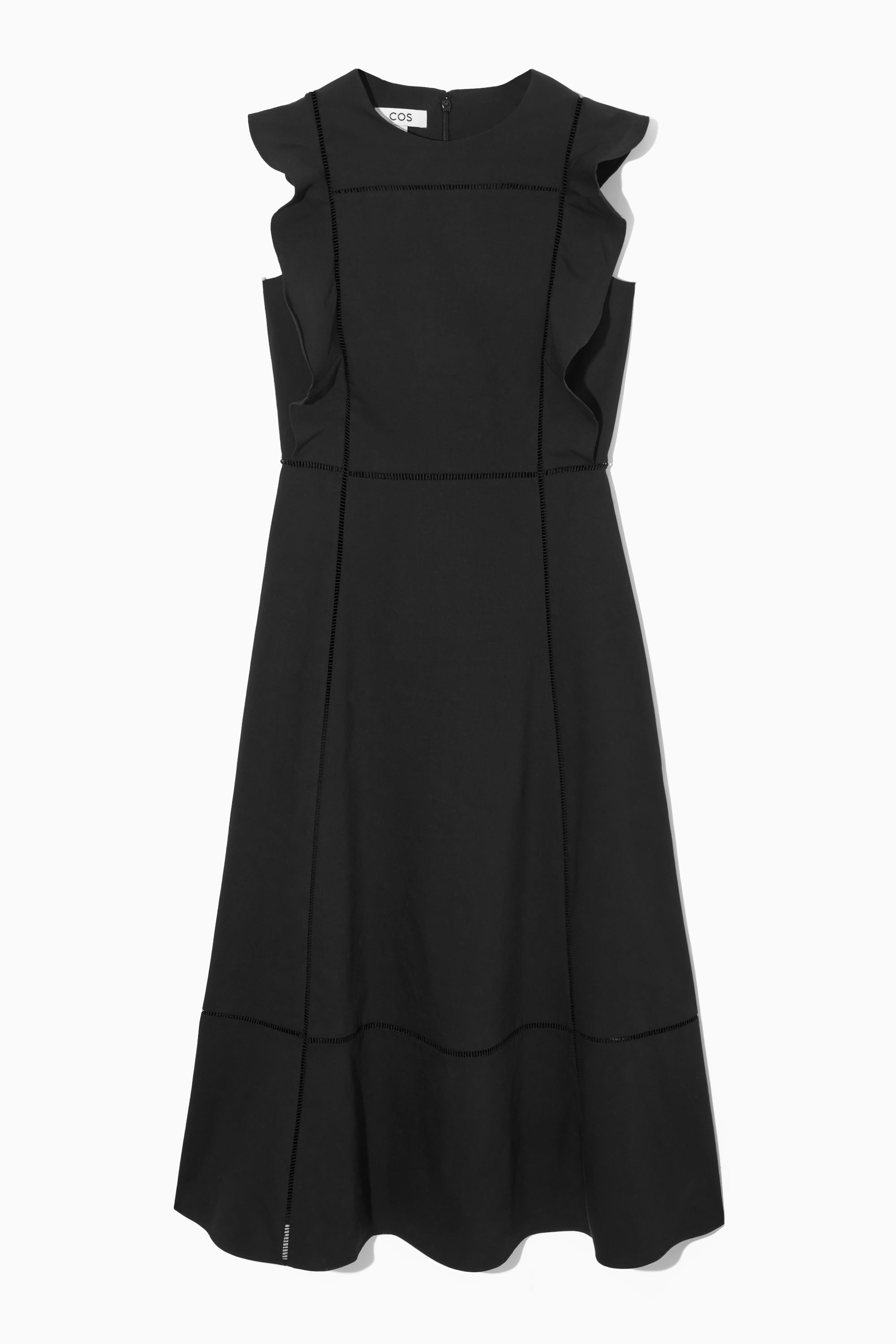 RUFFLED LINEN BLEND MIDI DRESS BLACK