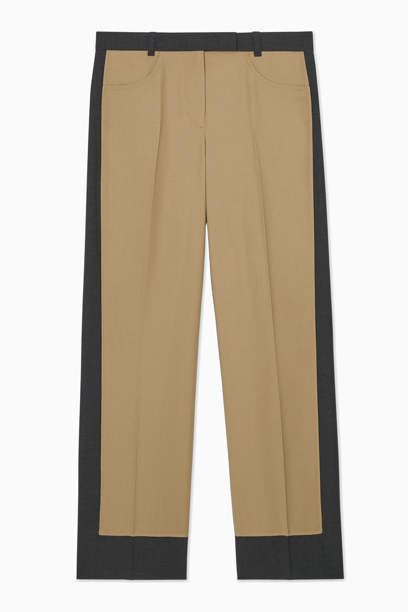 Deconstructed Colour-Block Wool Trousers in Beige