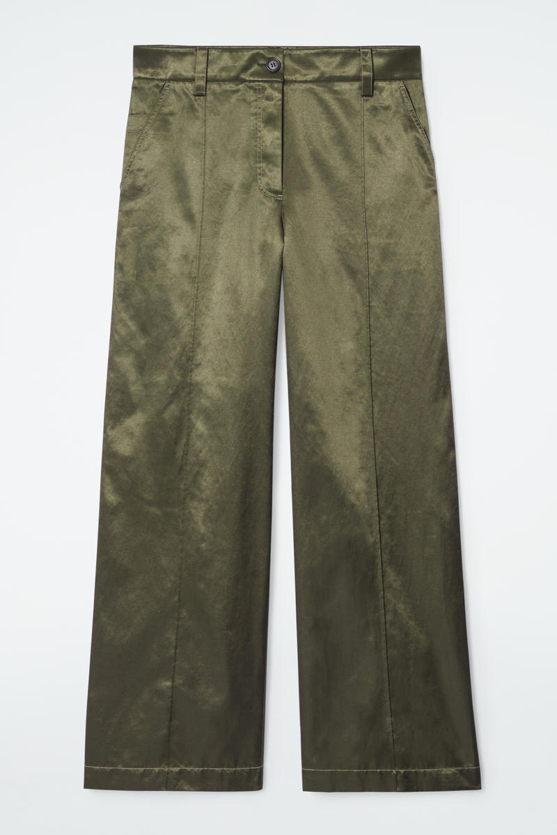 Pintucked Satin Utility Trousers in Green
