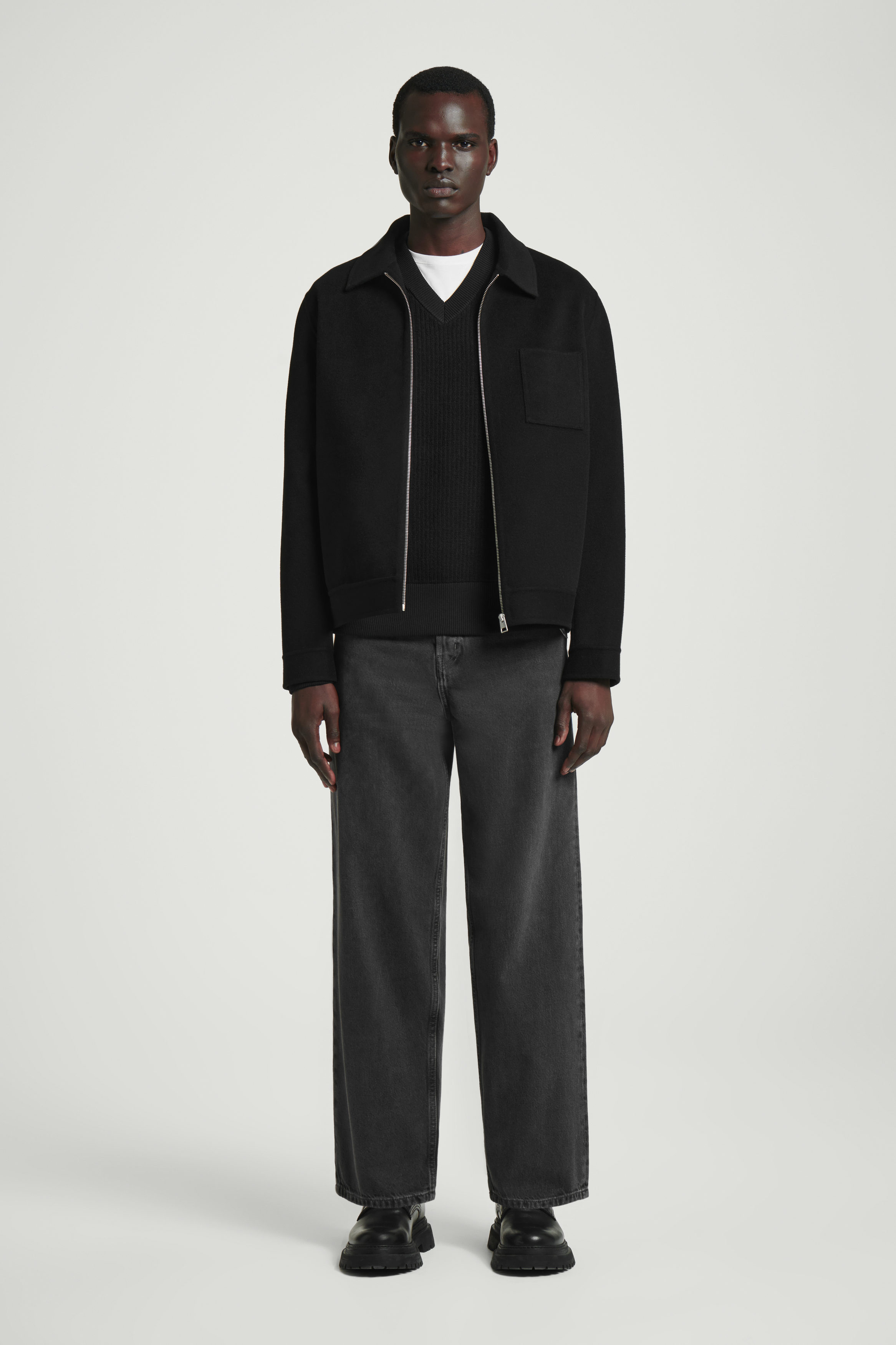 DOUBLE-FACED WOOL HARRINGTON JACKET - BLACK