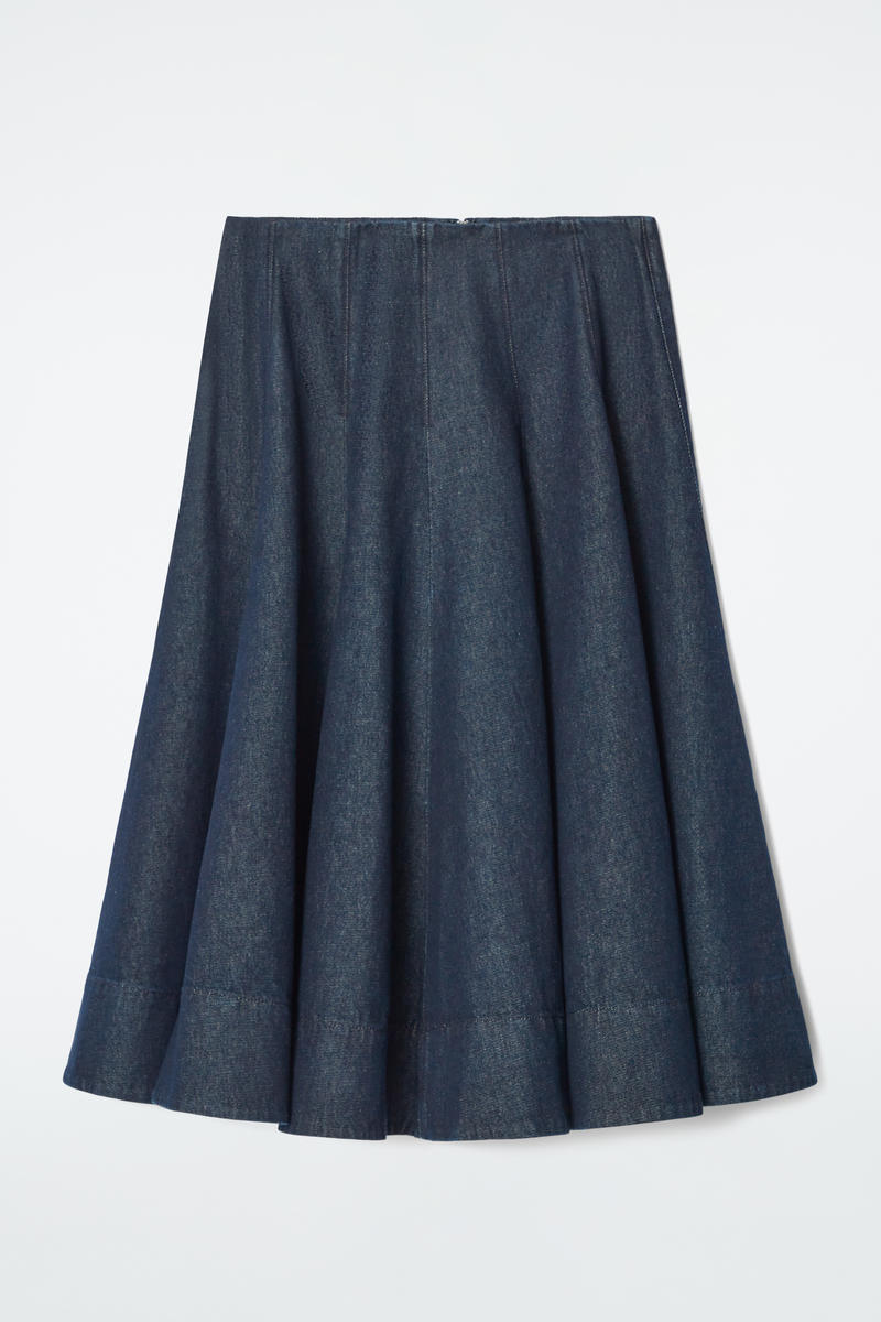 Voluminous A-Line Denim Midi Skirt