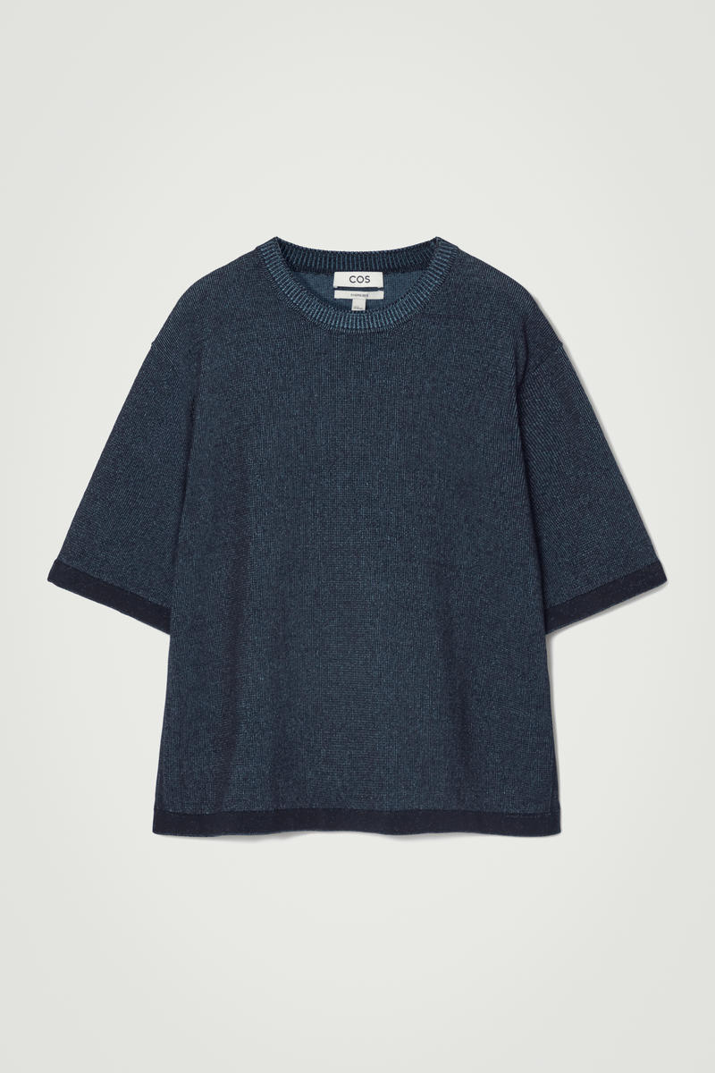 Oversized Two-Tone Knitted Cotton T-Shirt in Blue