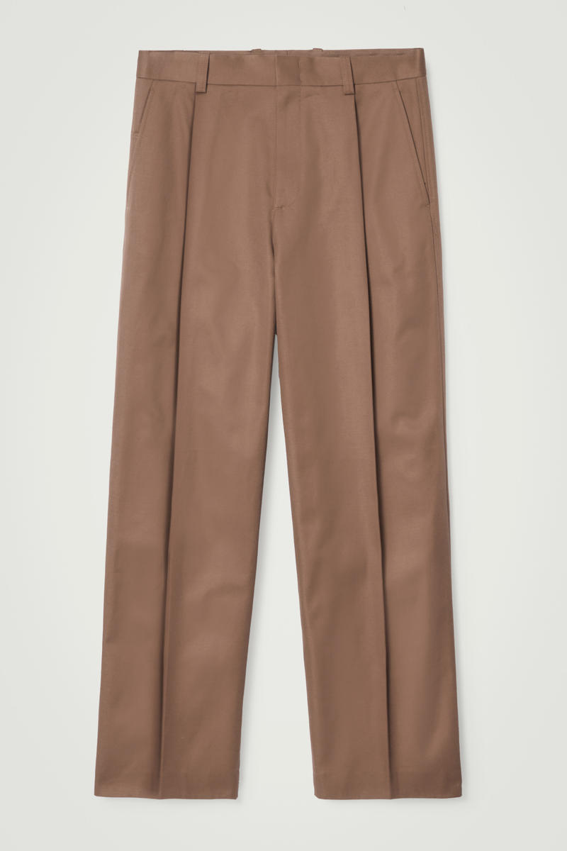 Relaxed Pleated Cotton Wide-Leg Trousers in Brown