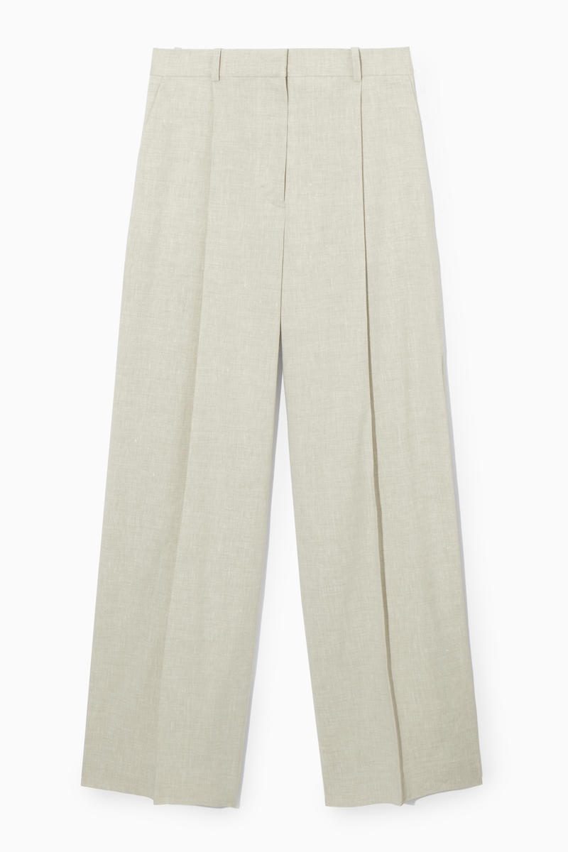 Linen-Blend Wide-Leg Tailored Trousers in Beige