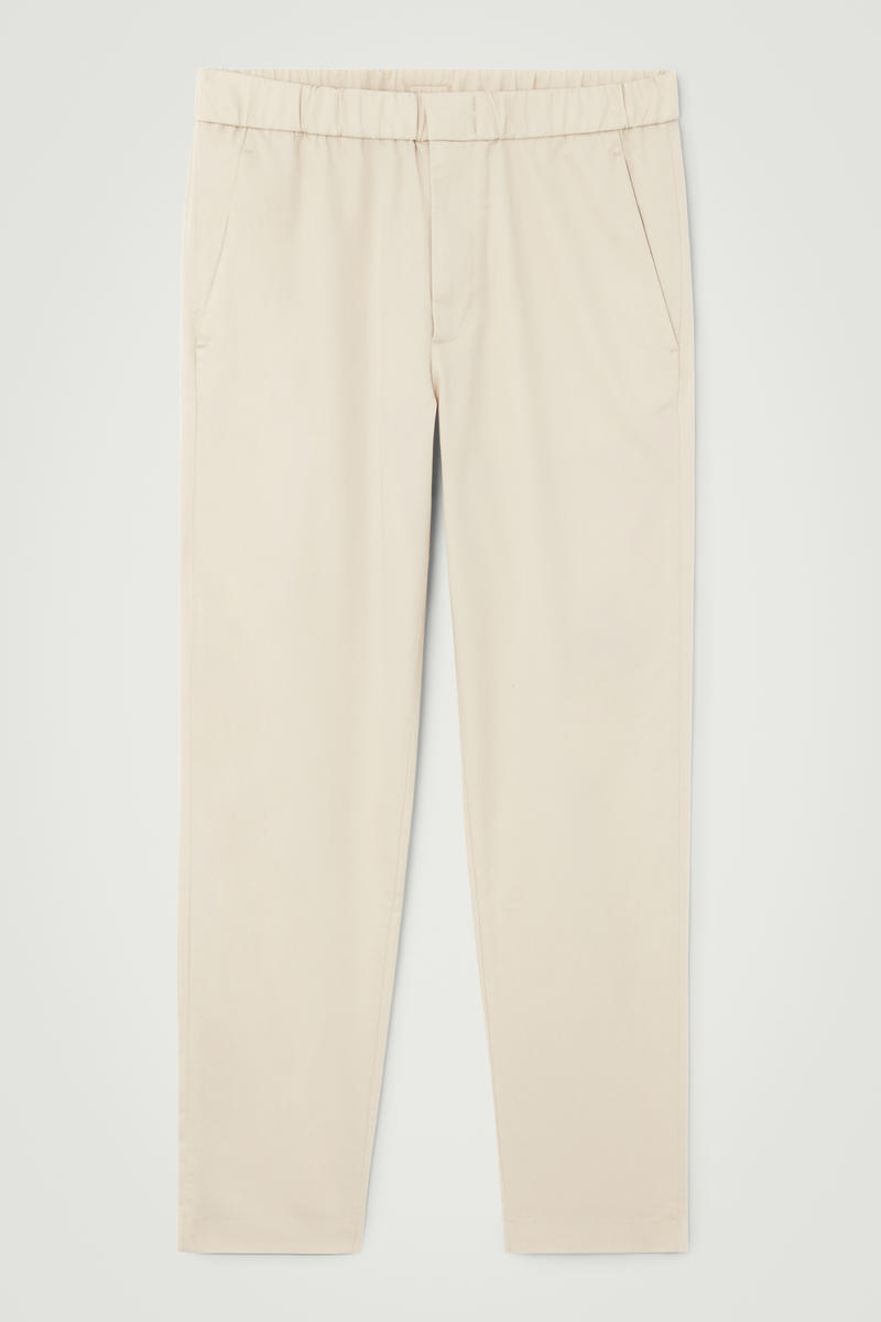 Elasticated Tapered Twill Trousers in Beige