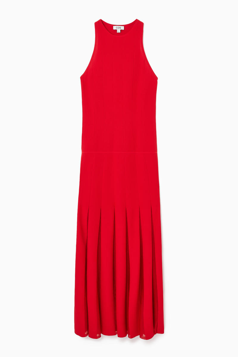 Pleated Racer-Neck Maxi Dress