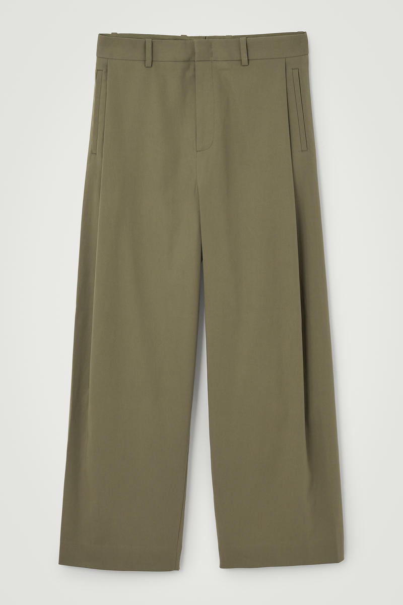 Pleated Cotton Wide-Leg Trousers in Green