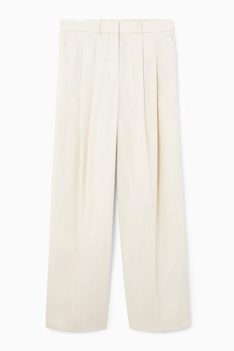 Wide-Leg Tailored Twill Trousers in Beige