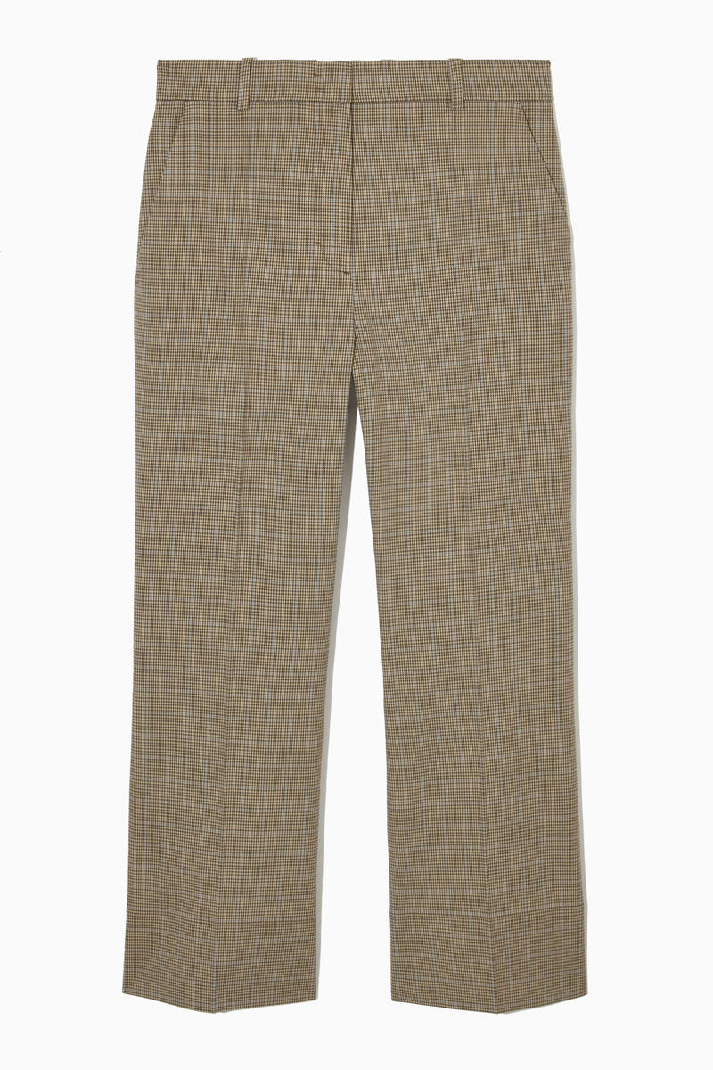 Slim Checked Flared Trousers in Beige