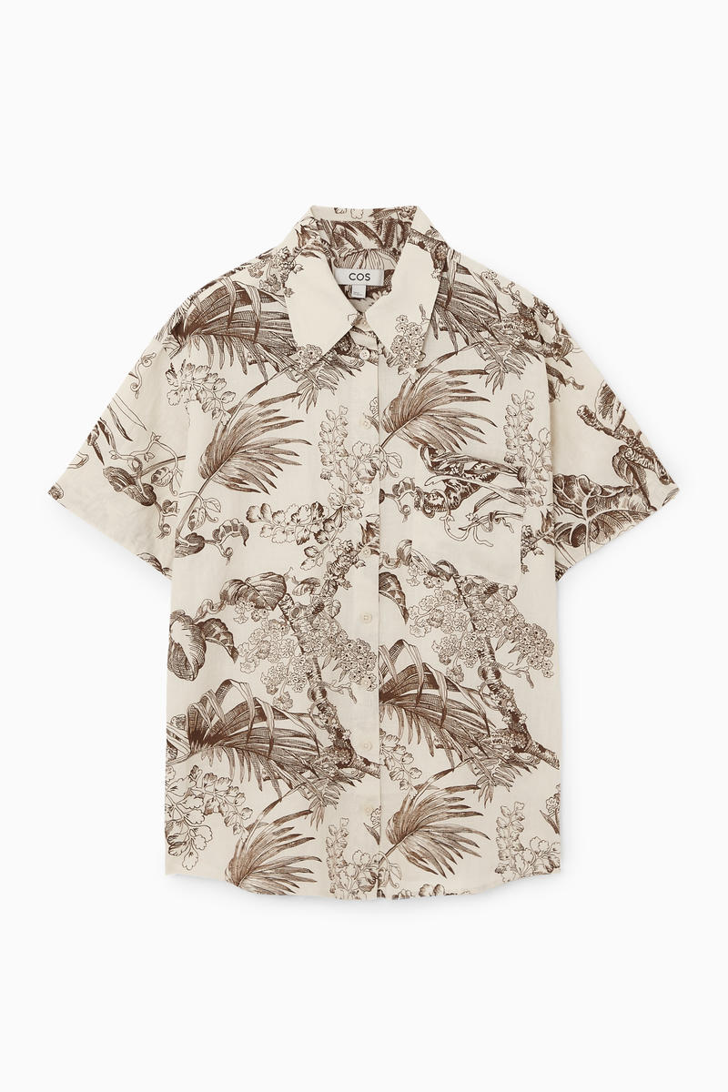 Botanical-Print Short-Sleeved Linen Shirt