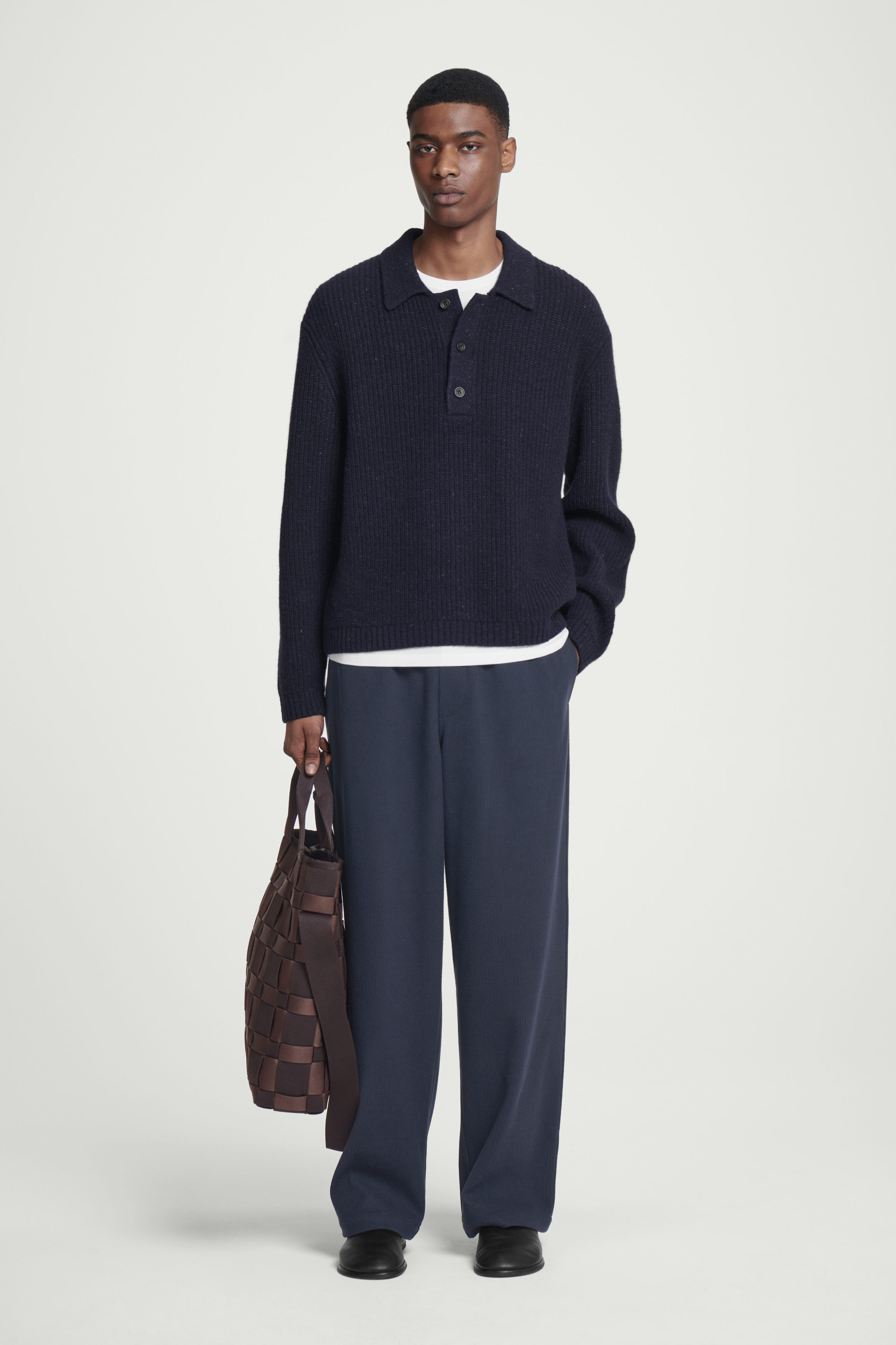 RIBBED WOOL AND CASHMERE-BLEND POLO SHIRT - LIGHT GREY
