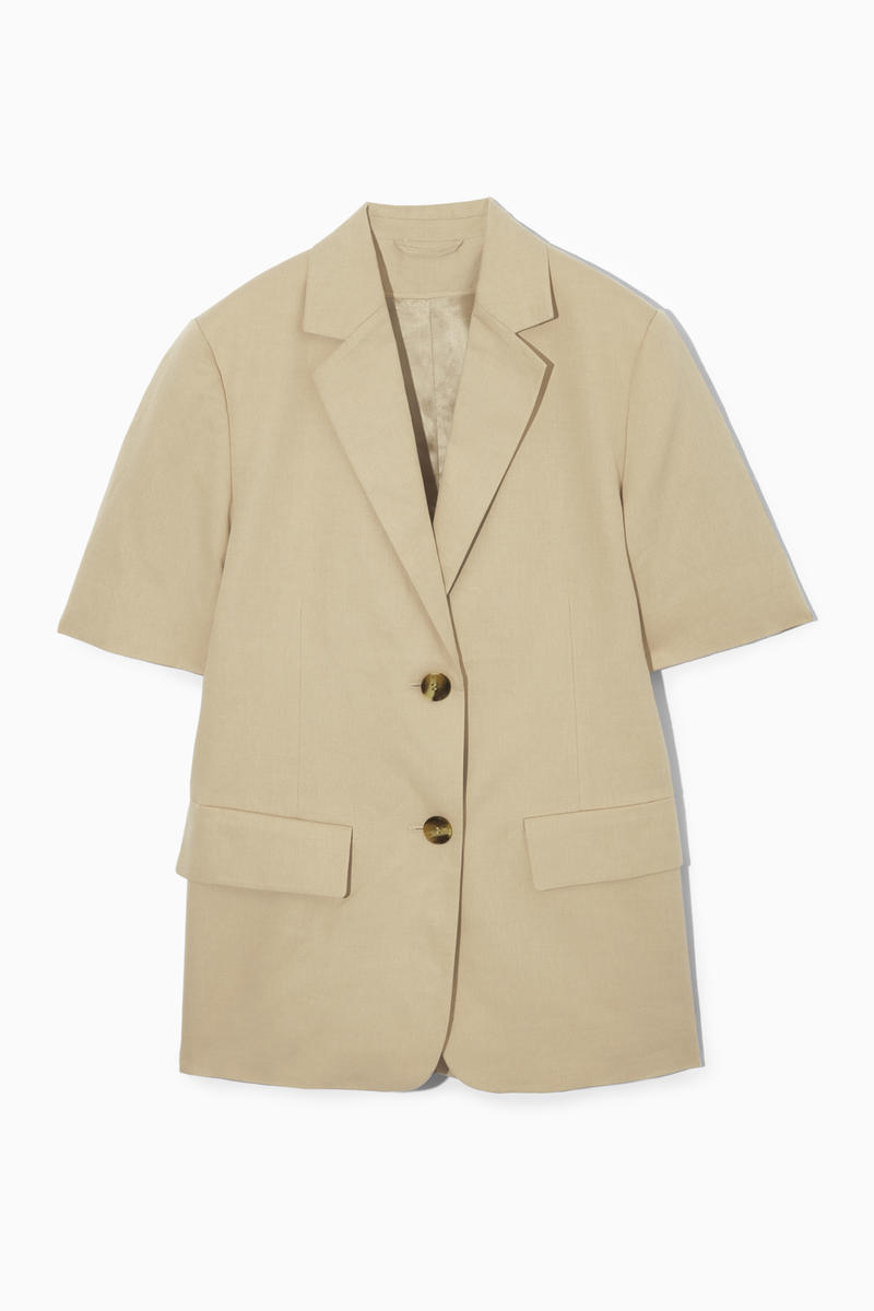 Short-Sleeved Linen-Blend Blazer in Beige