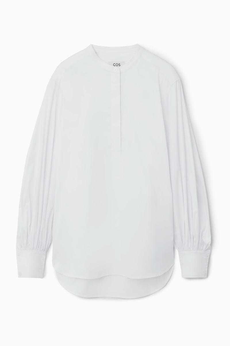 Gathered Grandad-Collar Blouse