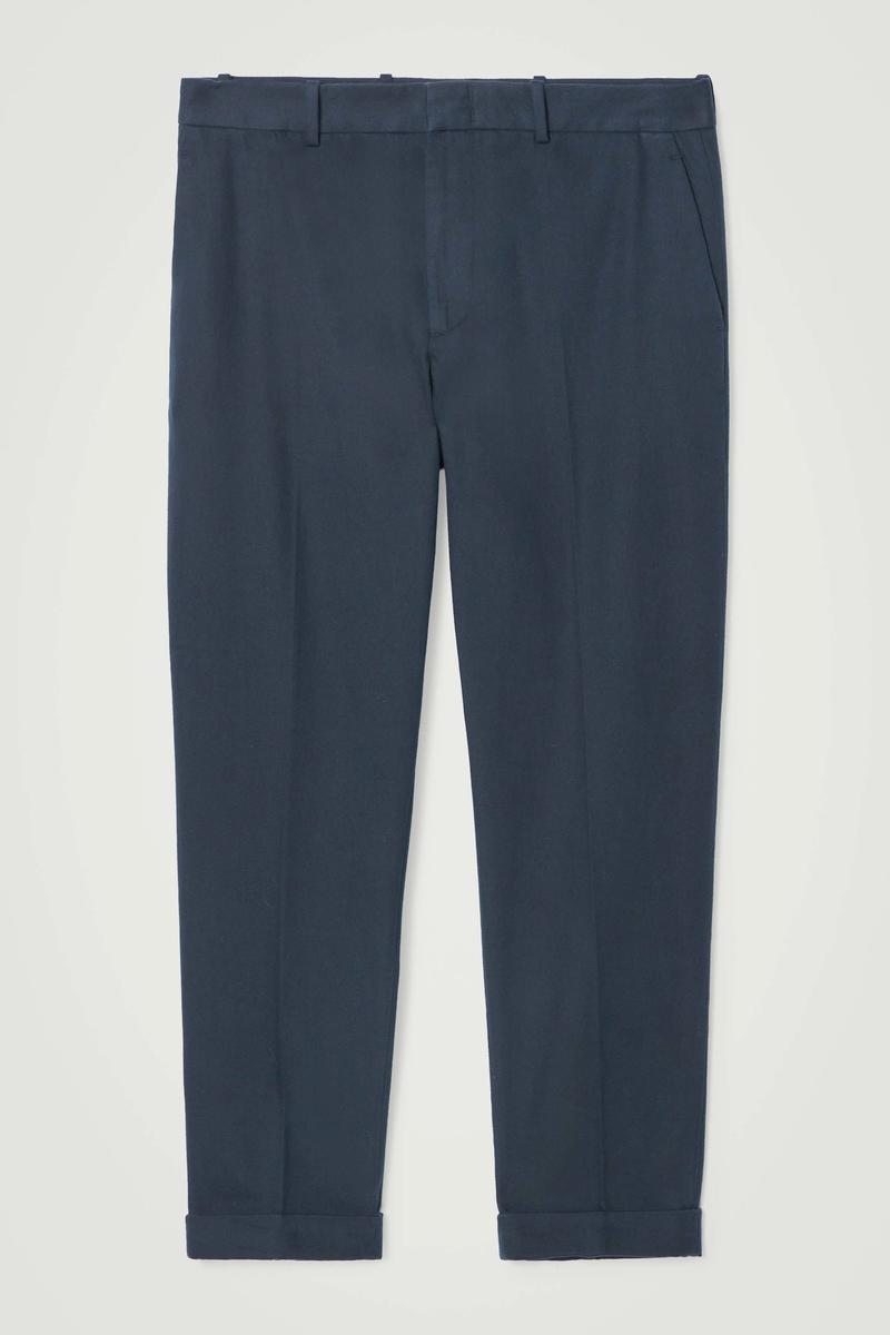 Turn-Up Tapered Twill Trousers in Blue