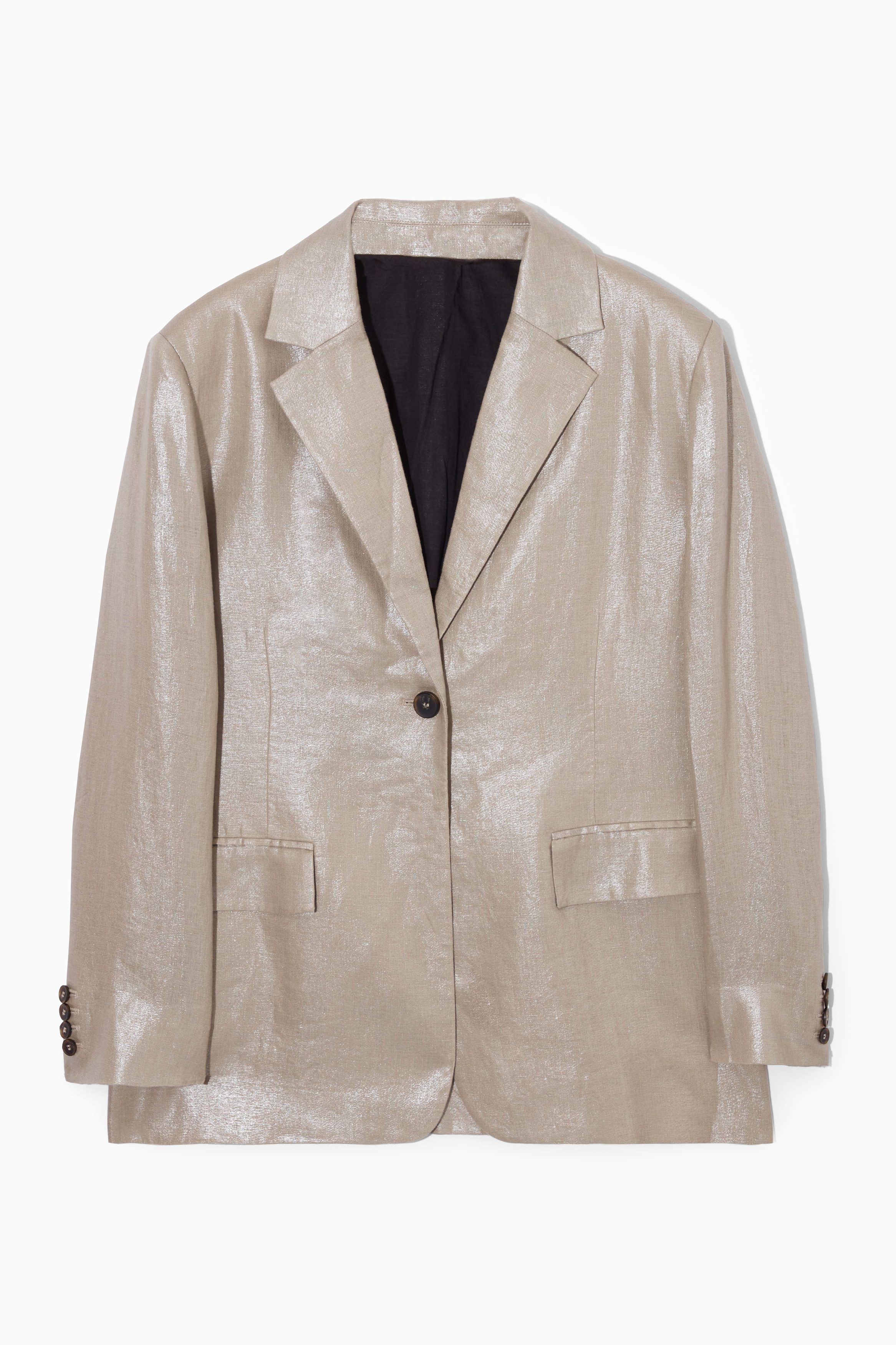 OVERSIZED METALLIC LINEN BLAZER - BEIGE 