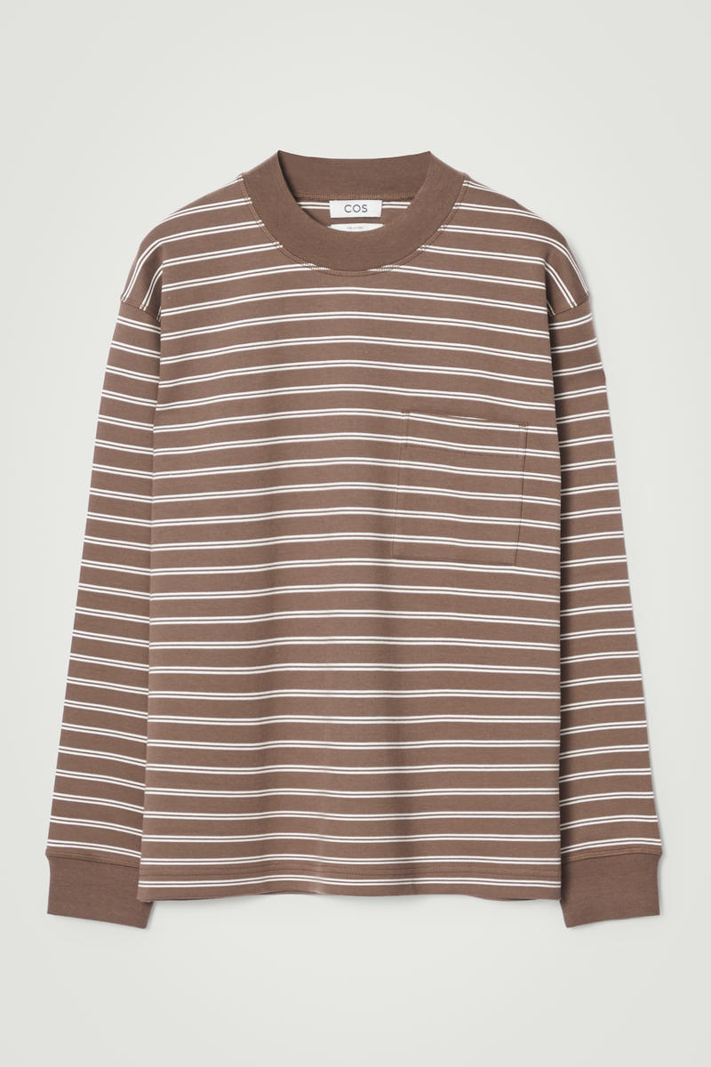 Relaxed Mock-Neck Cotton Long-Sleeved T-Shirt in Brown