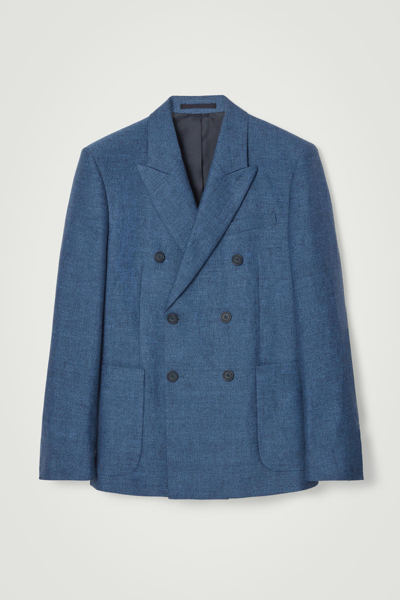 Regular Double-Breasted Linen Blazer in Blue