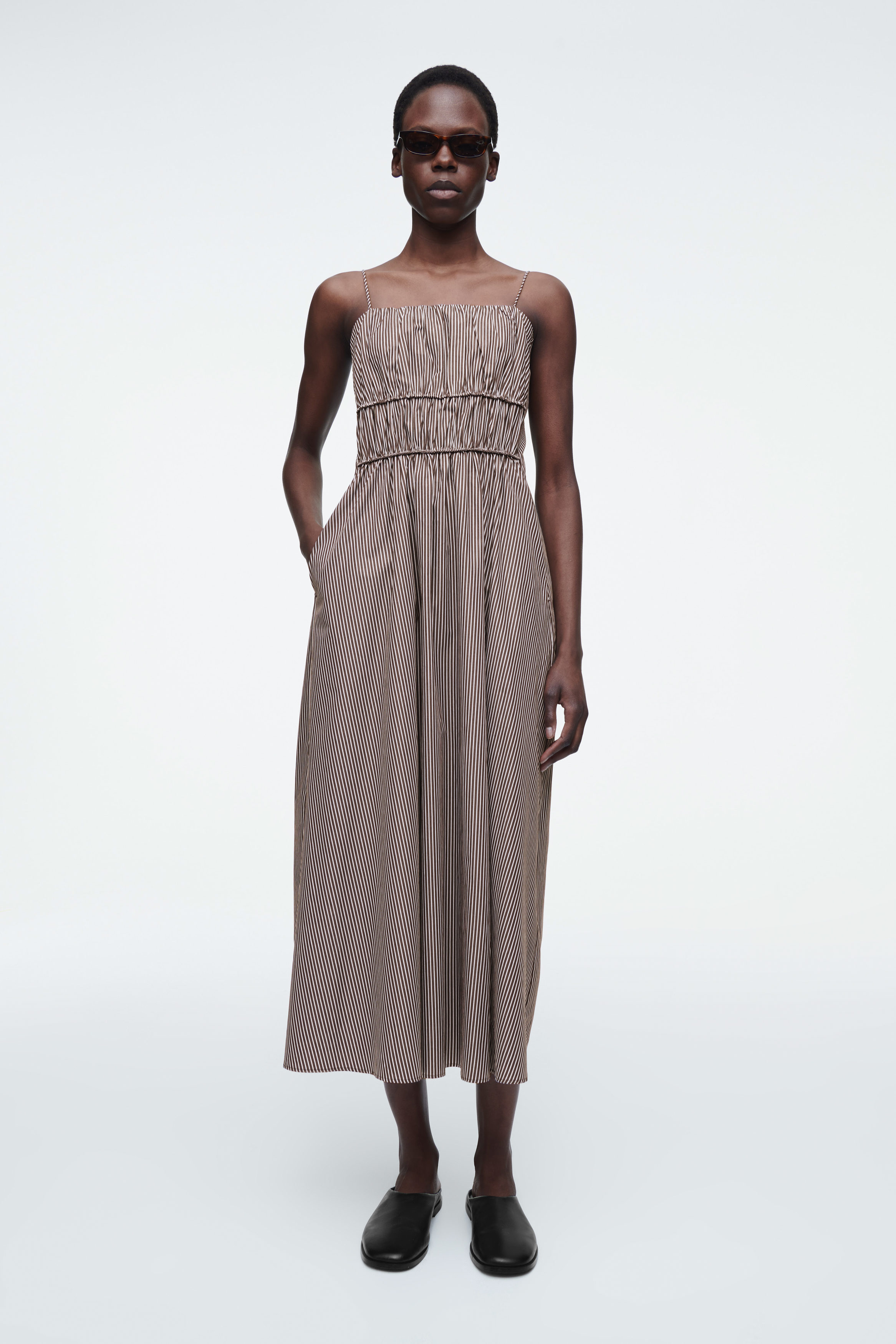 STRIPED GATHERED-WAIST MIDI DRESS