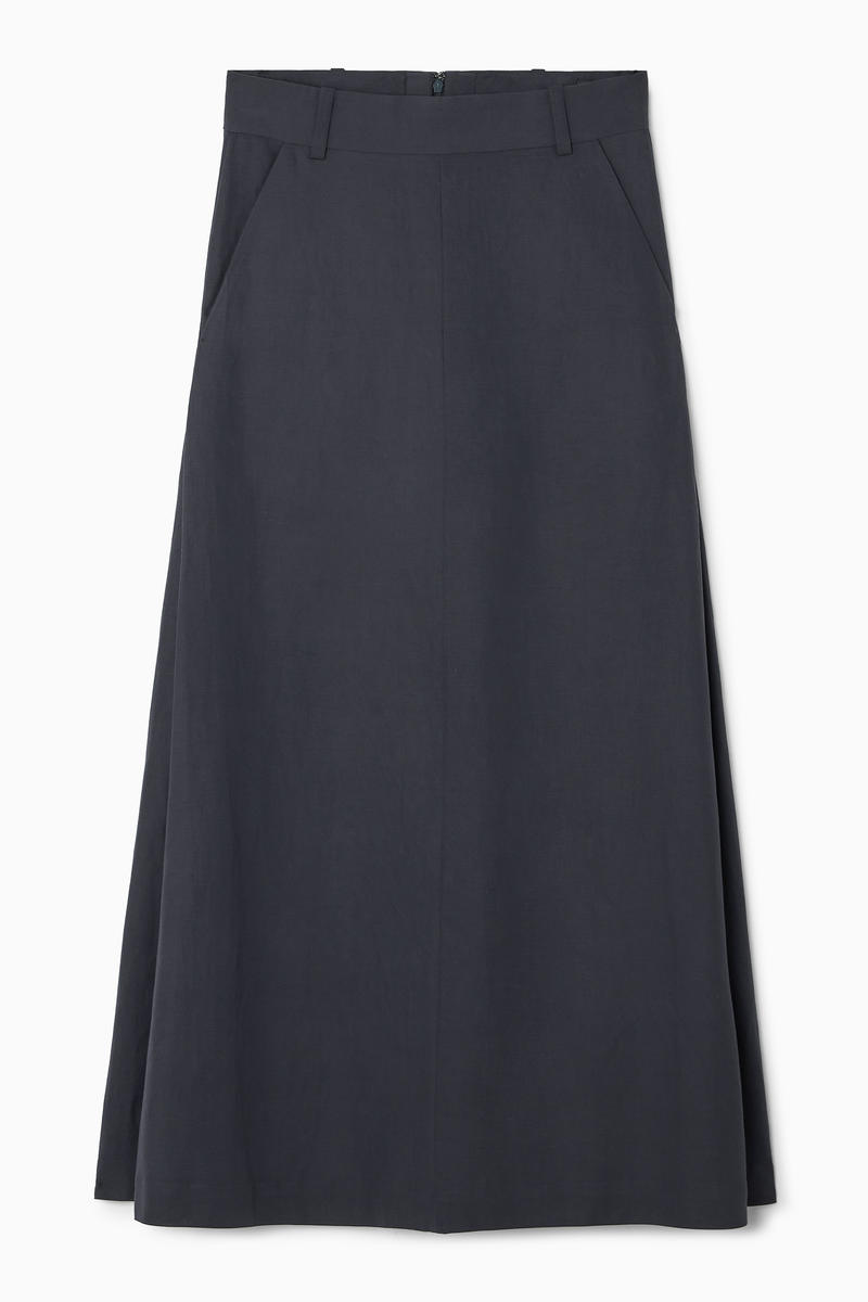 Tailored Linen-Blend Midi Skirt in Grey