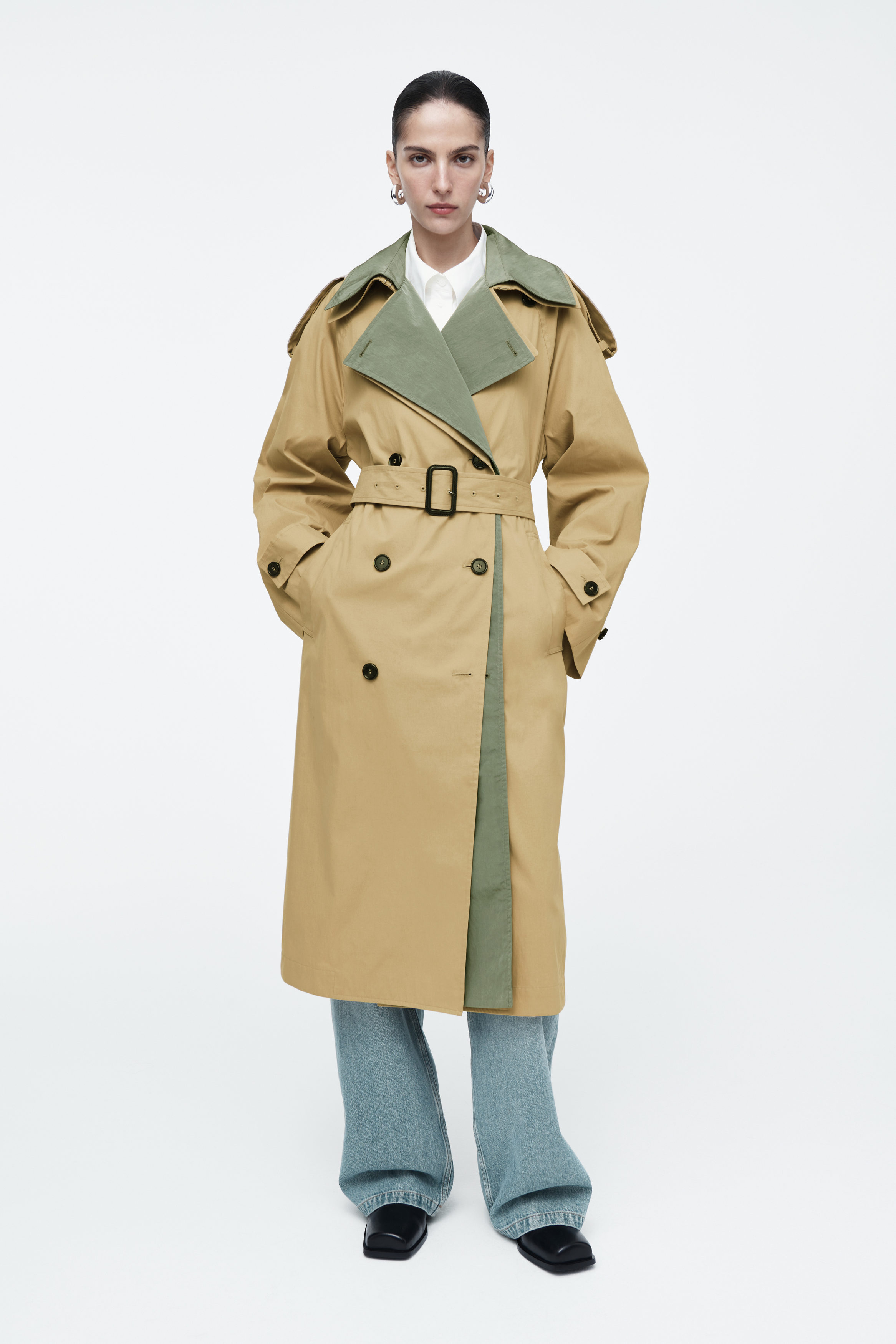 LAYERED DOUBLE-BREASTED TRENCH COAT - BEIGE / KHAKI