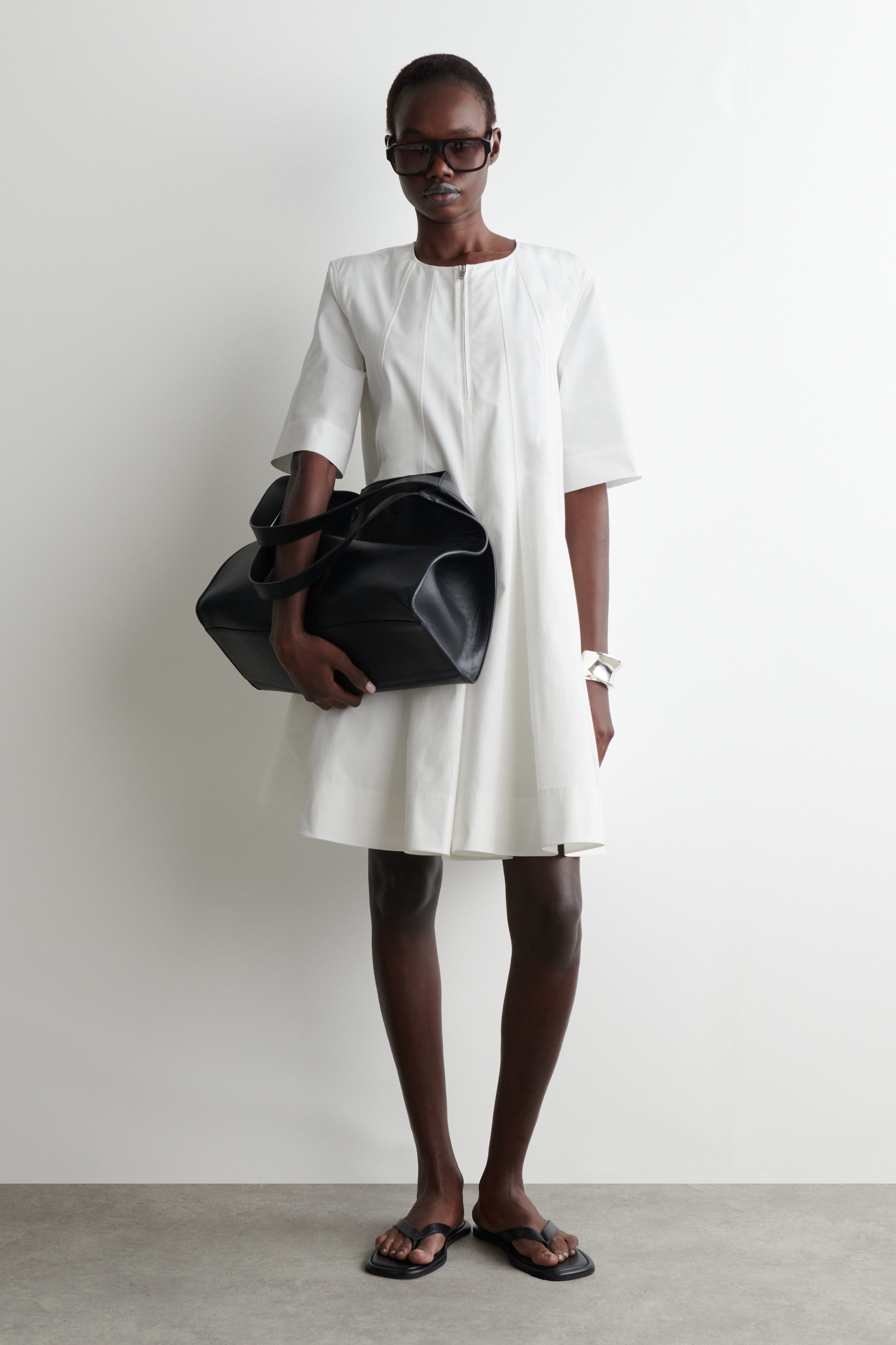 PLEATED ZIP-UP COTTON MINI DRESS