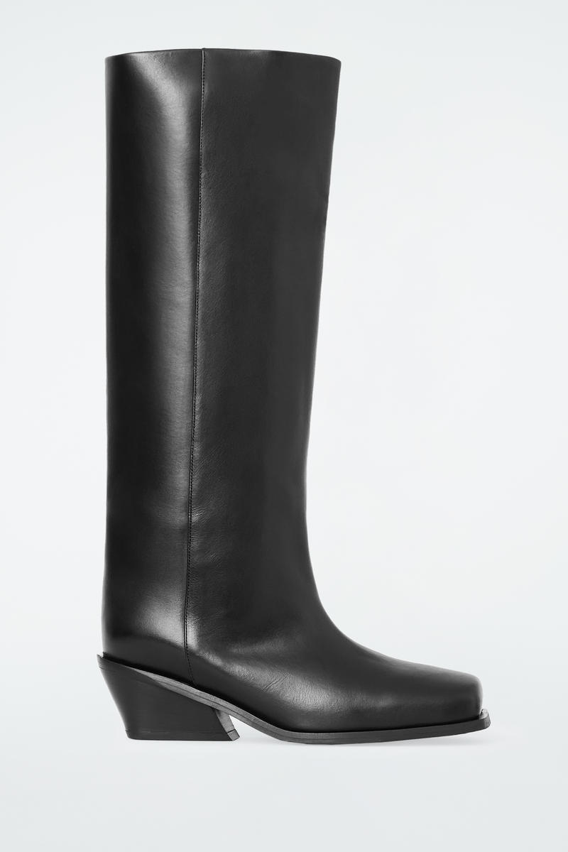 Square-Toe Leather Knee-High Boots