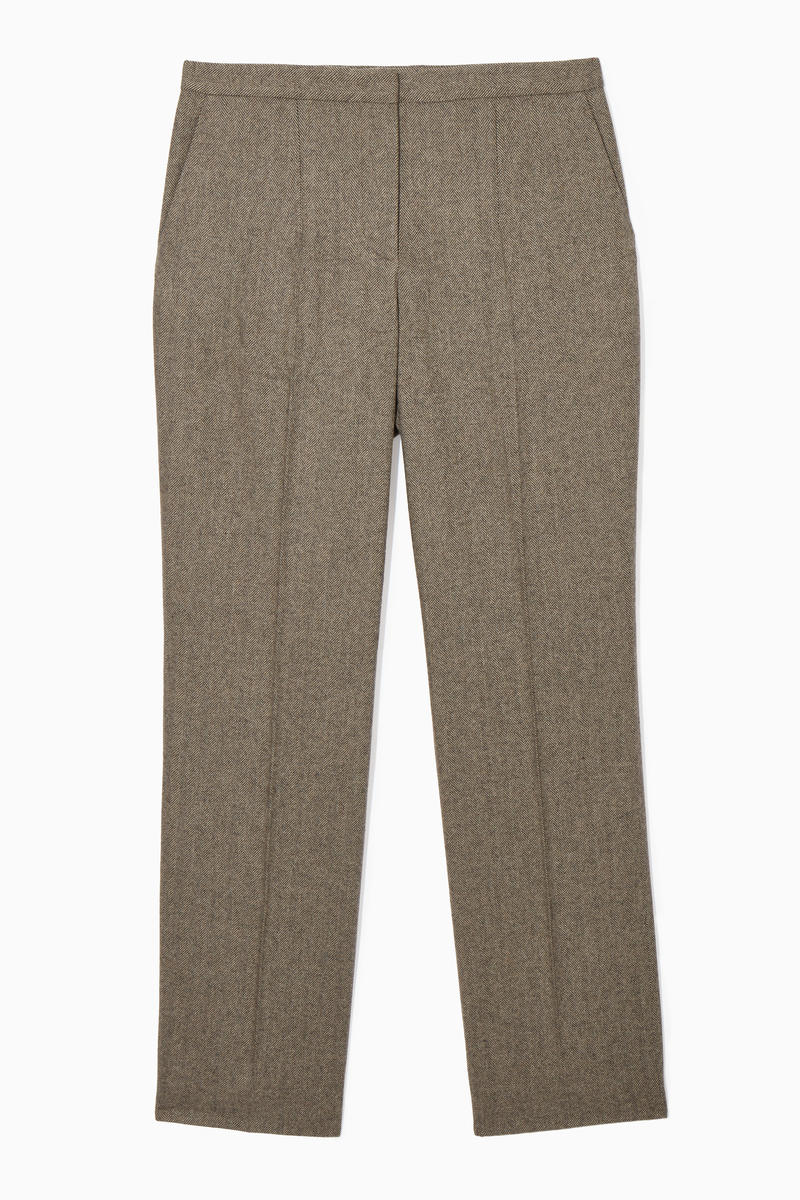 Straight-Leg Wool-Herringbone Trousers in Brown