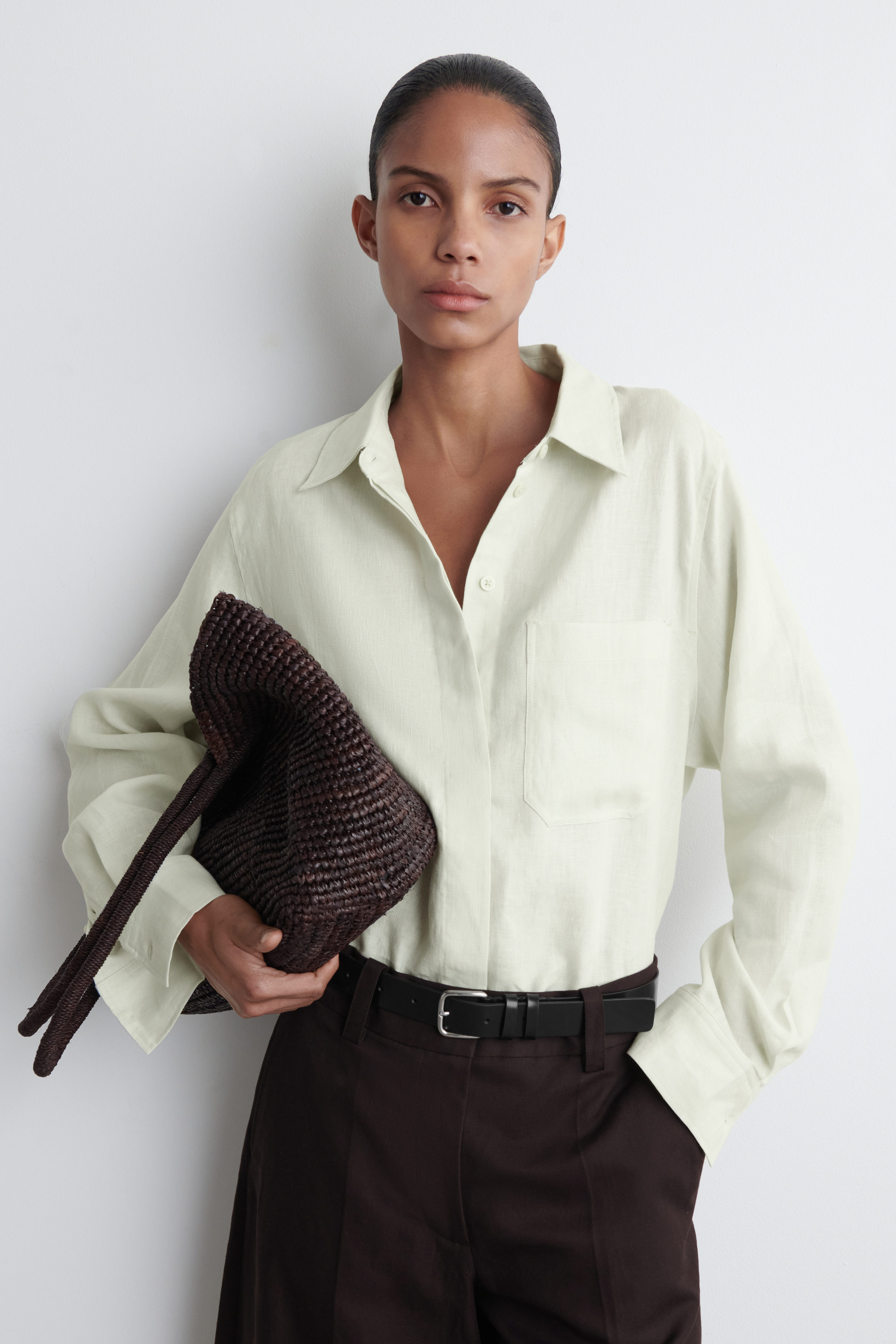 【PERSTEP】CANVAS HEAVY LINEN SHIRT Organic Short Sleeve Linen Shirt in colourway Swirling Sage