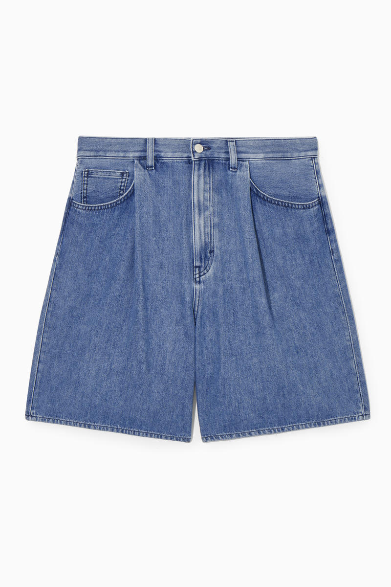 Pleated A-Line Denim Shorts