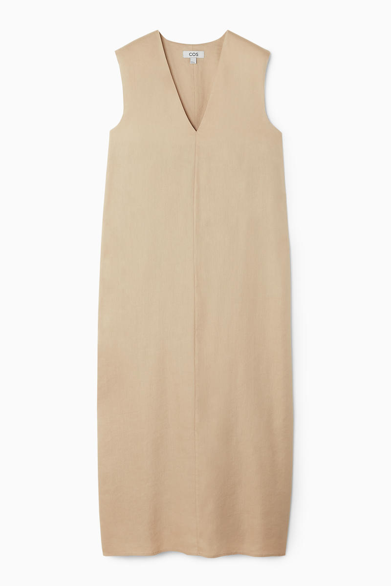 V-Neck Linen-Blend Dress in Beige