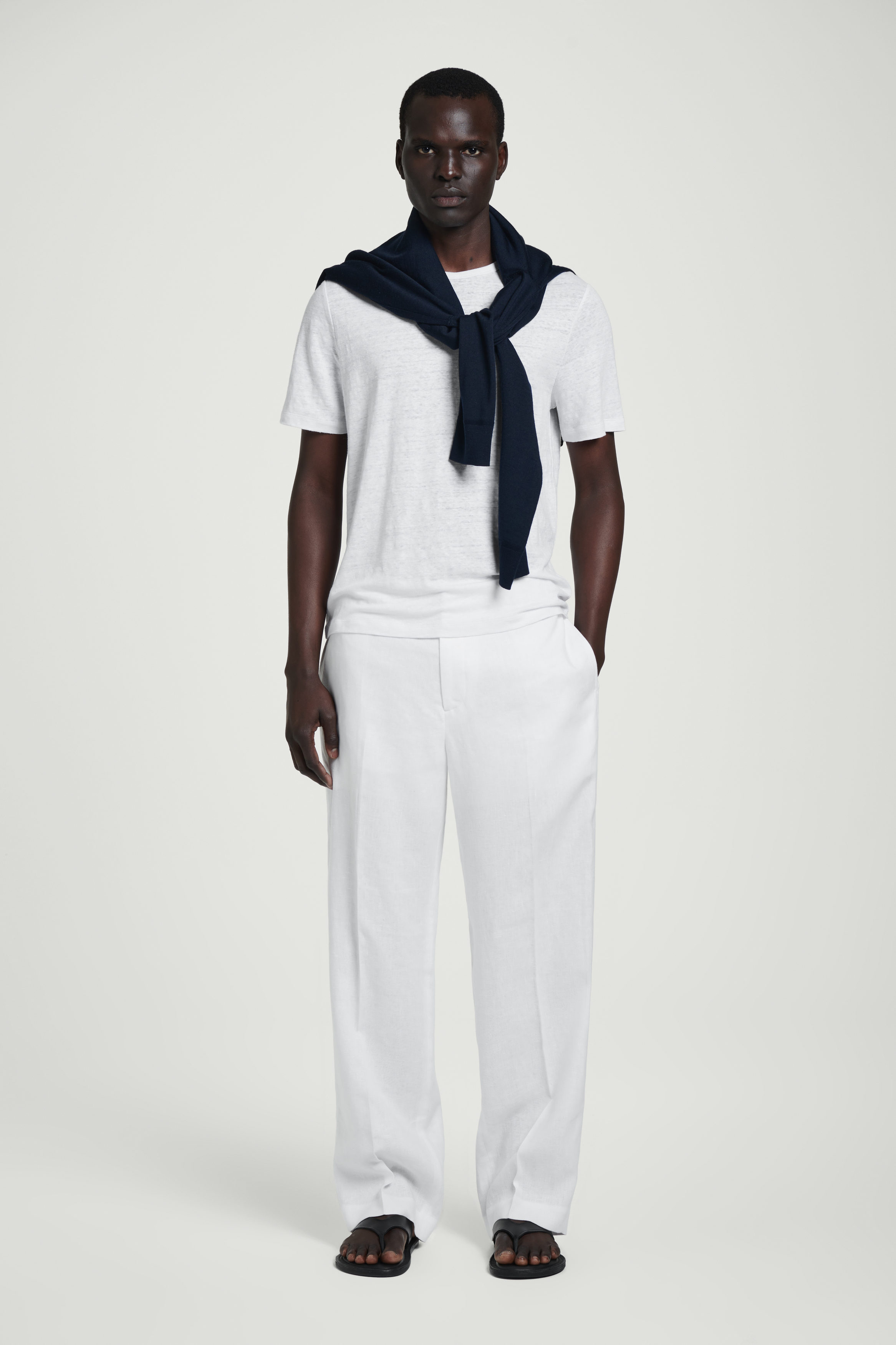 ELASTICATED LINEN STRAIGHT-LEG PANTS - WHITE