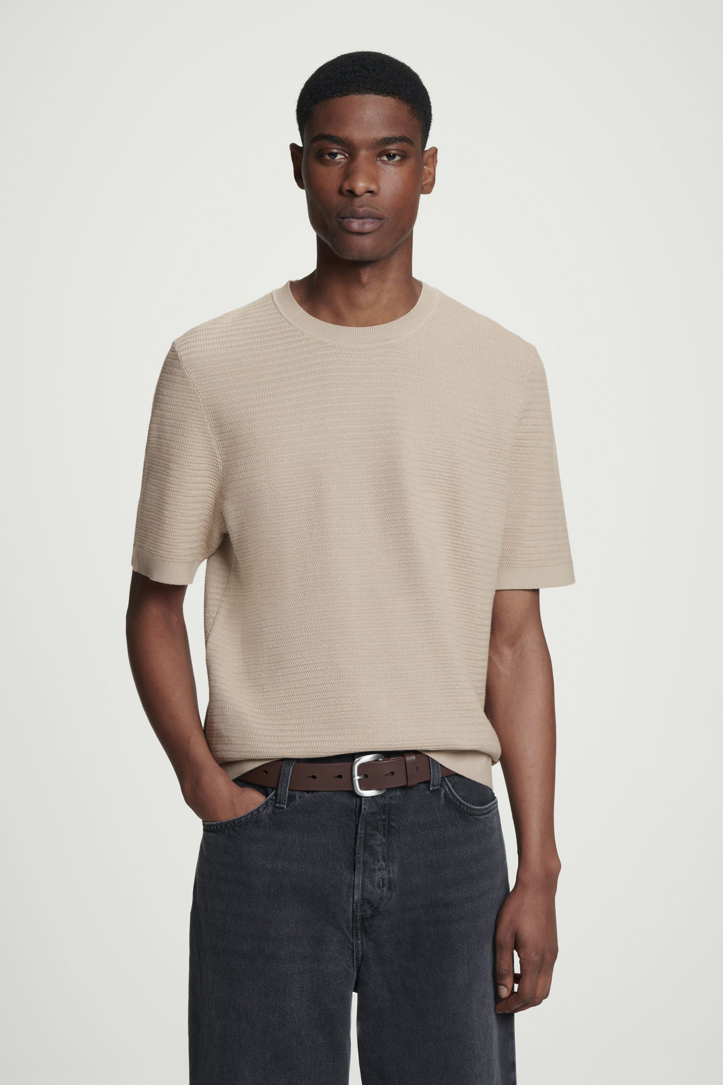 TEXTURED KNITTED COTTON T-SHIRT - APRICOT | COS