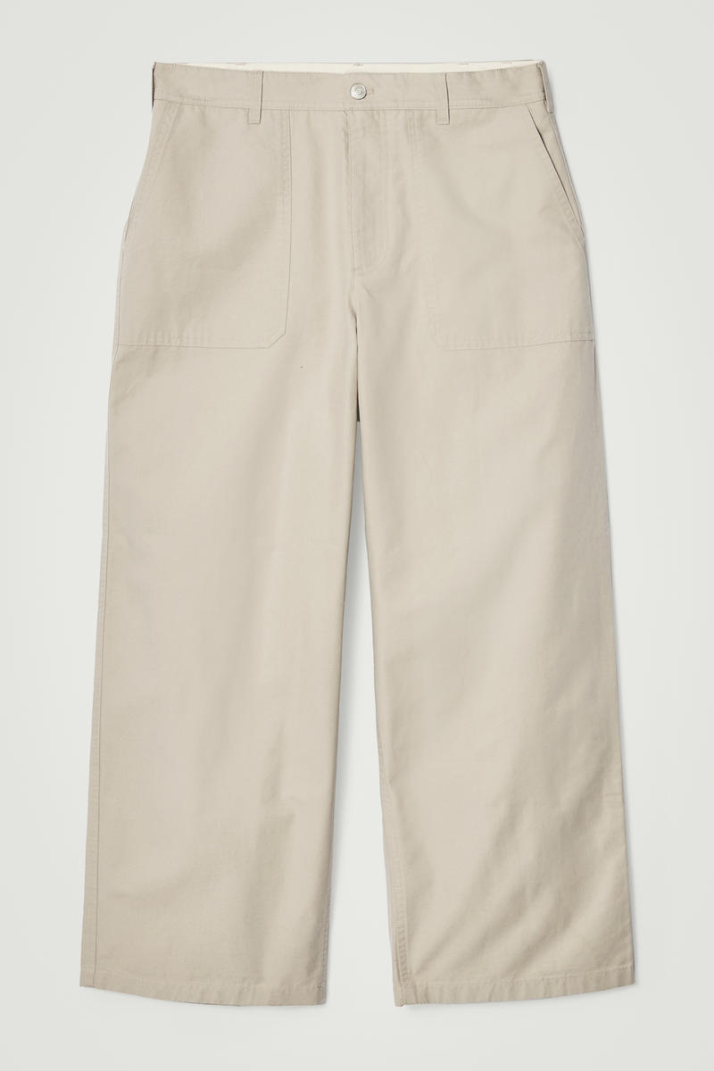 Wide-Leg Cotton Utility Trousers in Beige