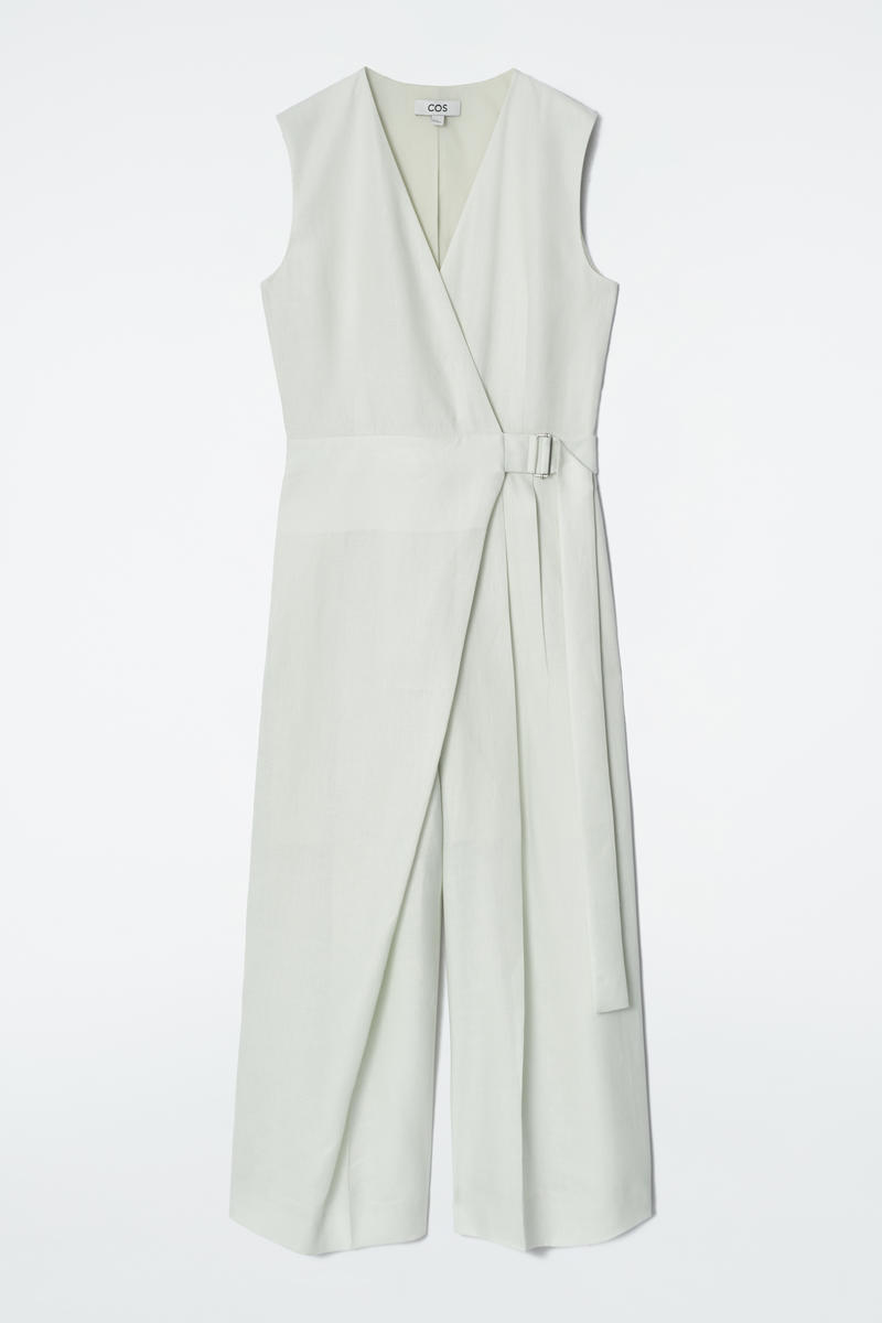 Wrap-Front Linen Jumpsuit in Green