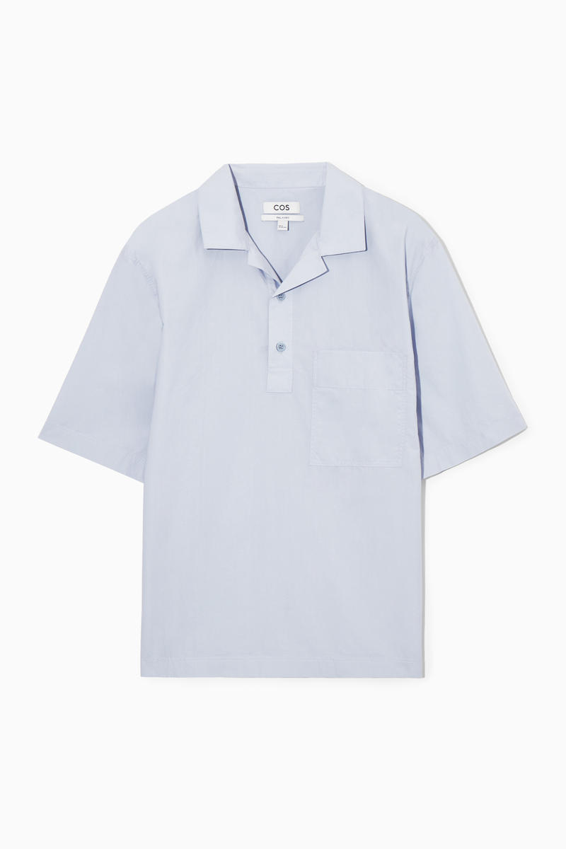 Relaxed Half-Placket Cotton Shirt in Light Blue
