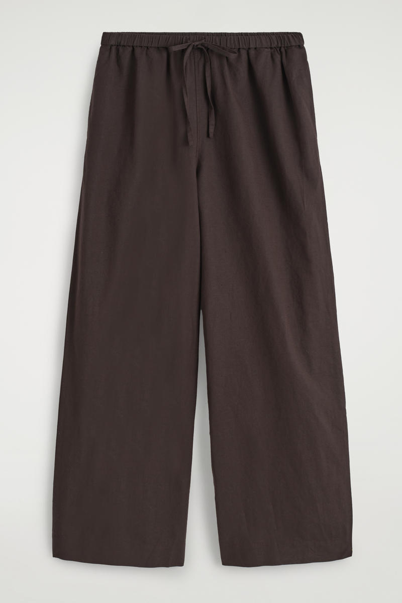 Wide-Leg Linen Drawstring Trousers in Brown