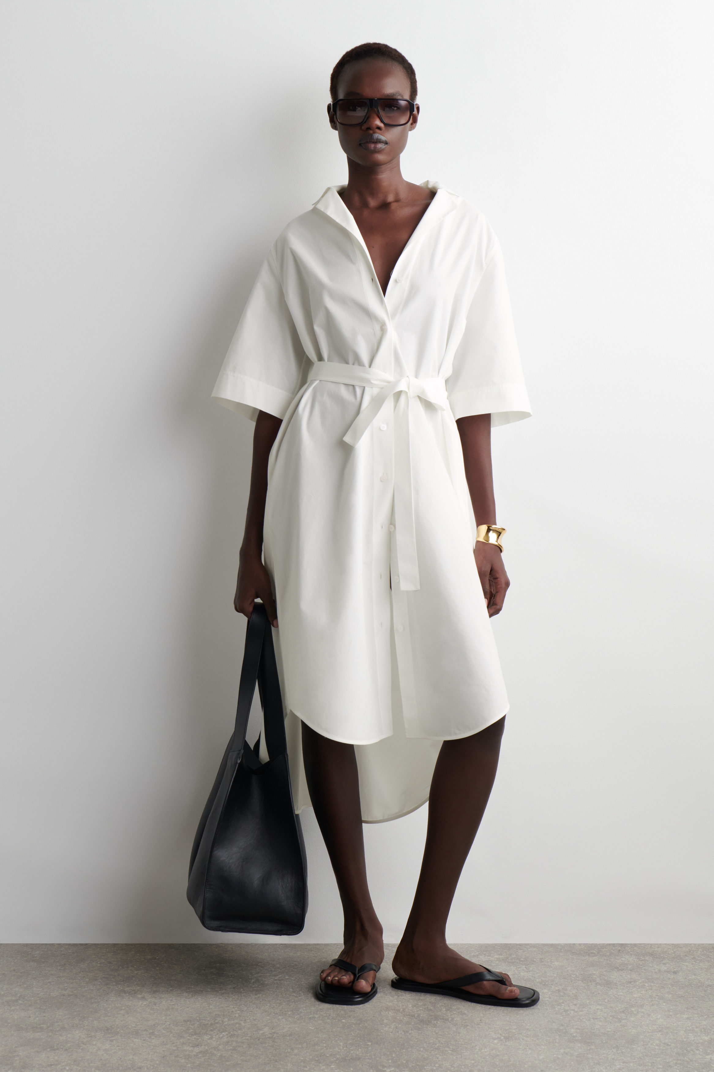 ワンピース ETMON 2Way Sleeve Belted Dress, White BELTED SHORT-SLEEVED MIDI SHIRT DRESS - WHITE | COS