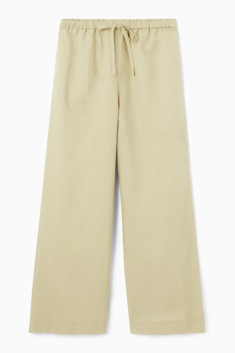 Wide-Leg Linen Drawstring Trousers in Beige