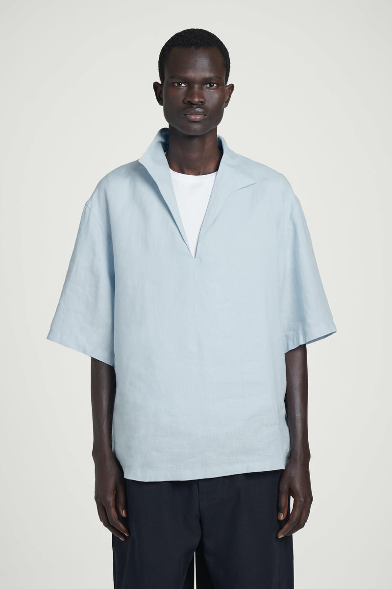 Cos Open-collar Linen Shirt In Blue