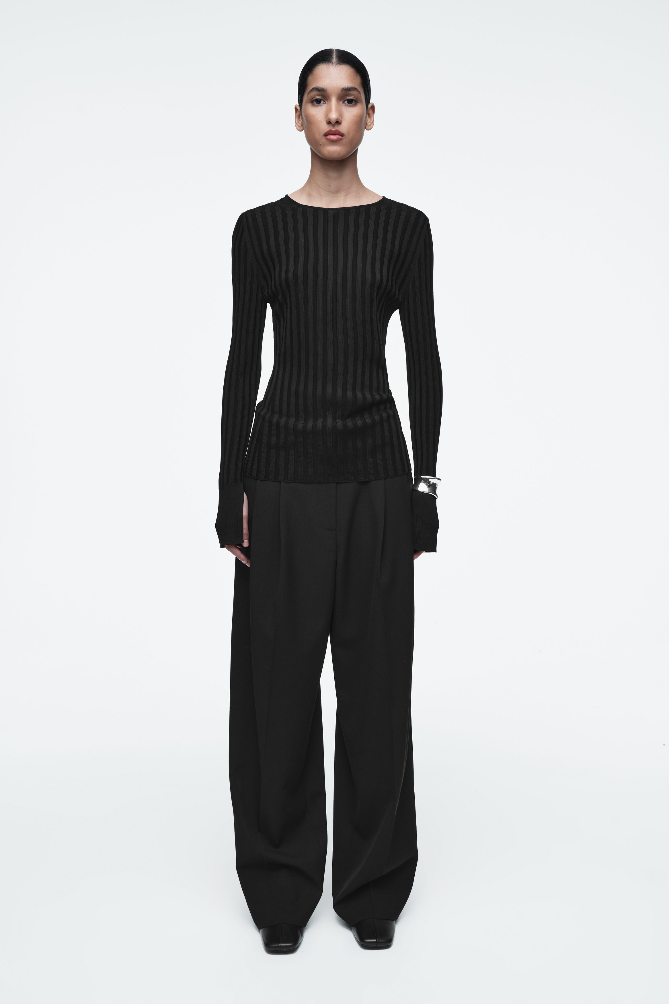 RIB-KNIT LONG-SLEEVED TOP - BLACK | COS