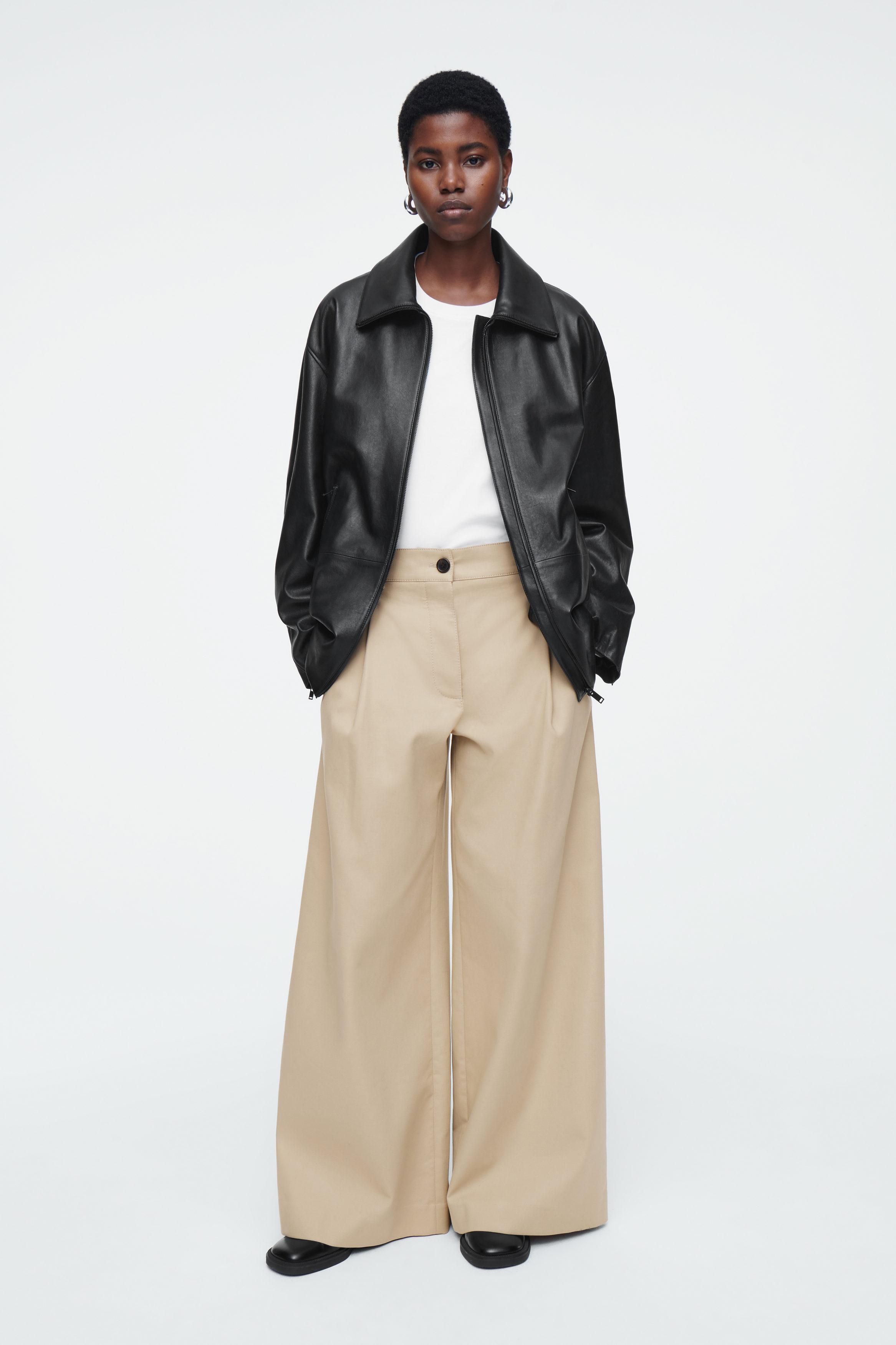 WIDE-LEG COTTON TROUSERS - BEIGE