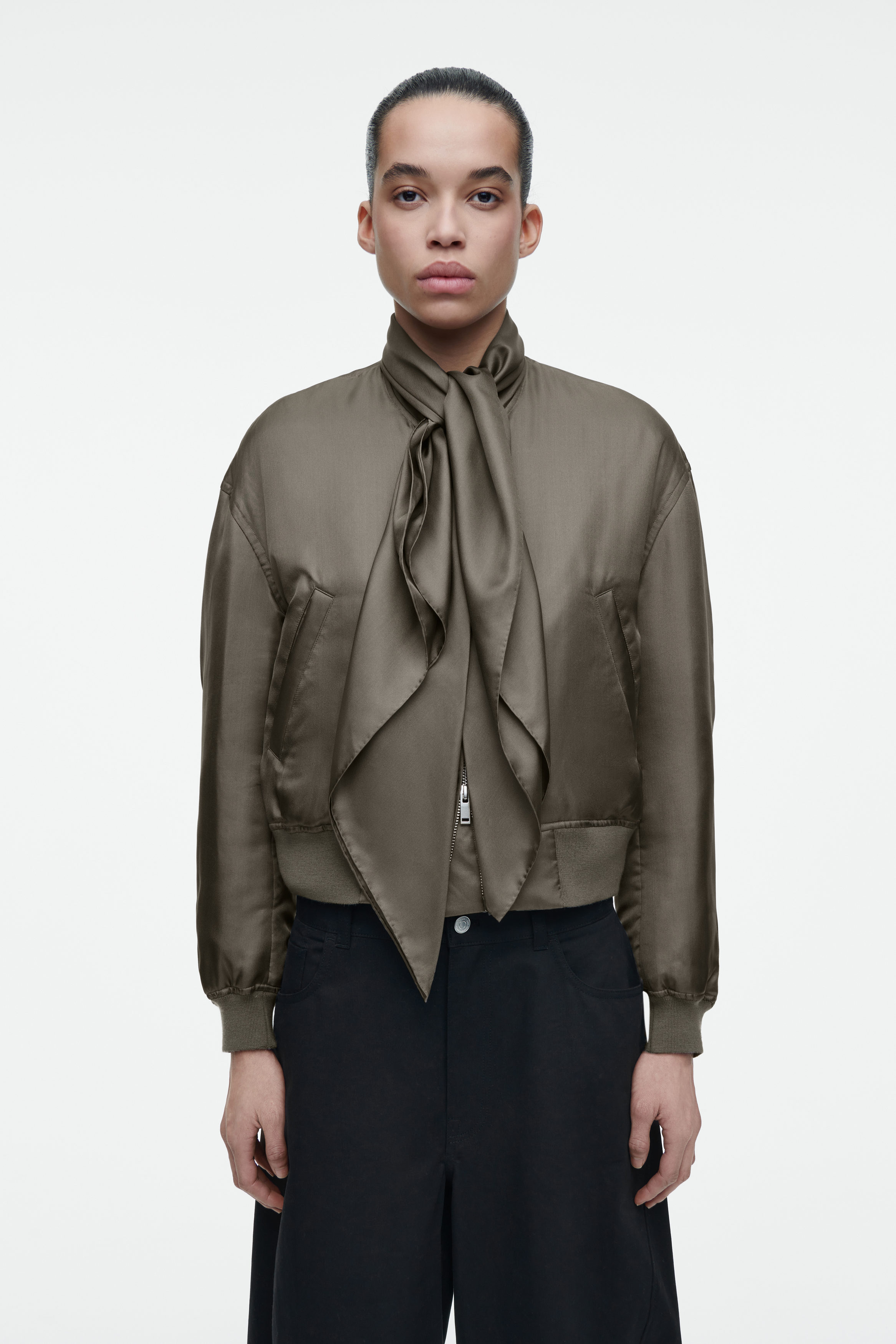 SCARF-DETAIL PADDED SILK BOMBER JACKET - BRONZE