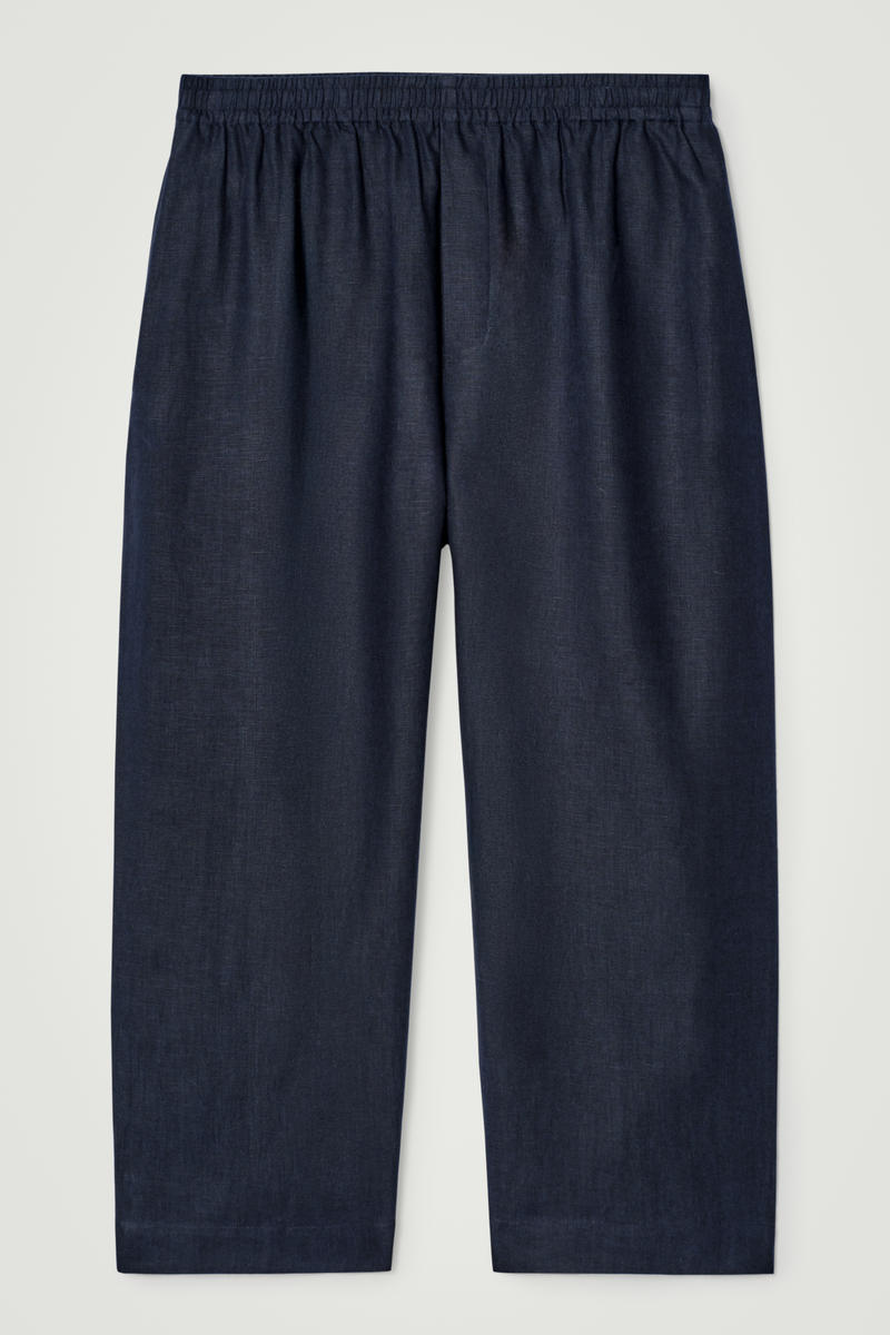 Elasticated Linen Wide-Leg Trousers in Navy