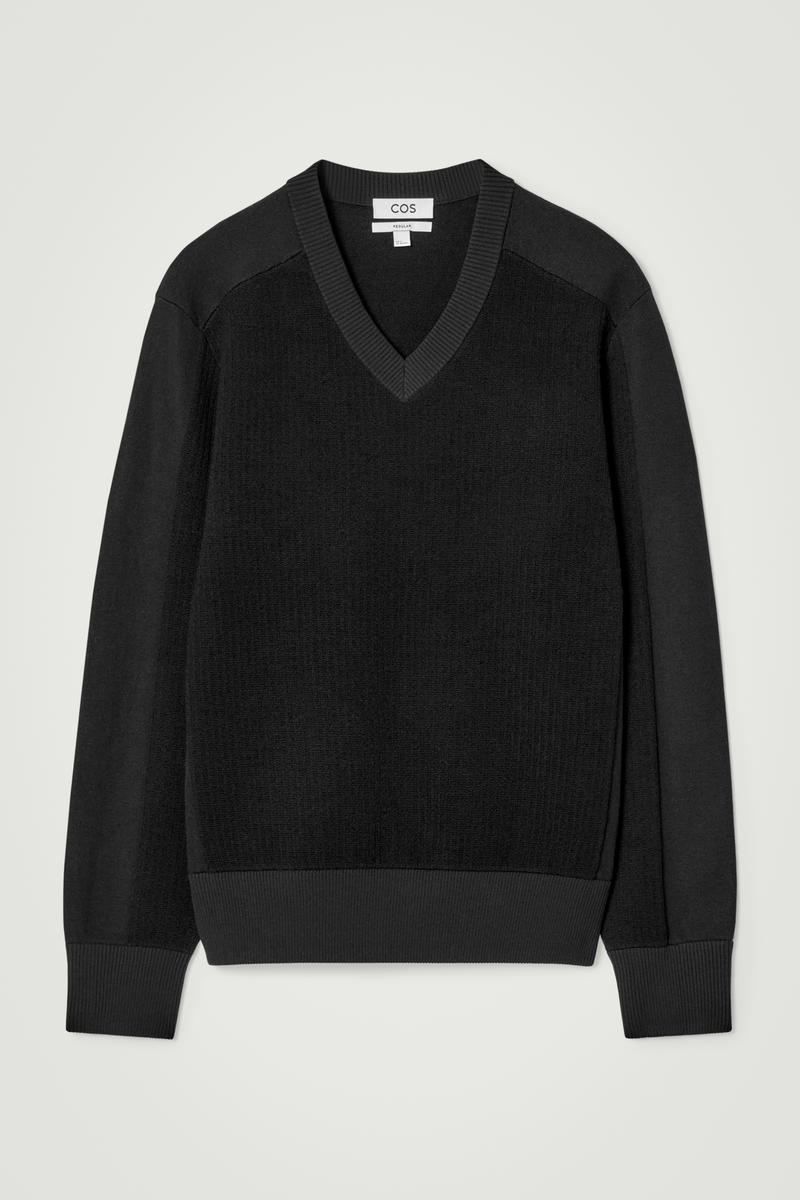 Panelled Wool V-Neck Jumper