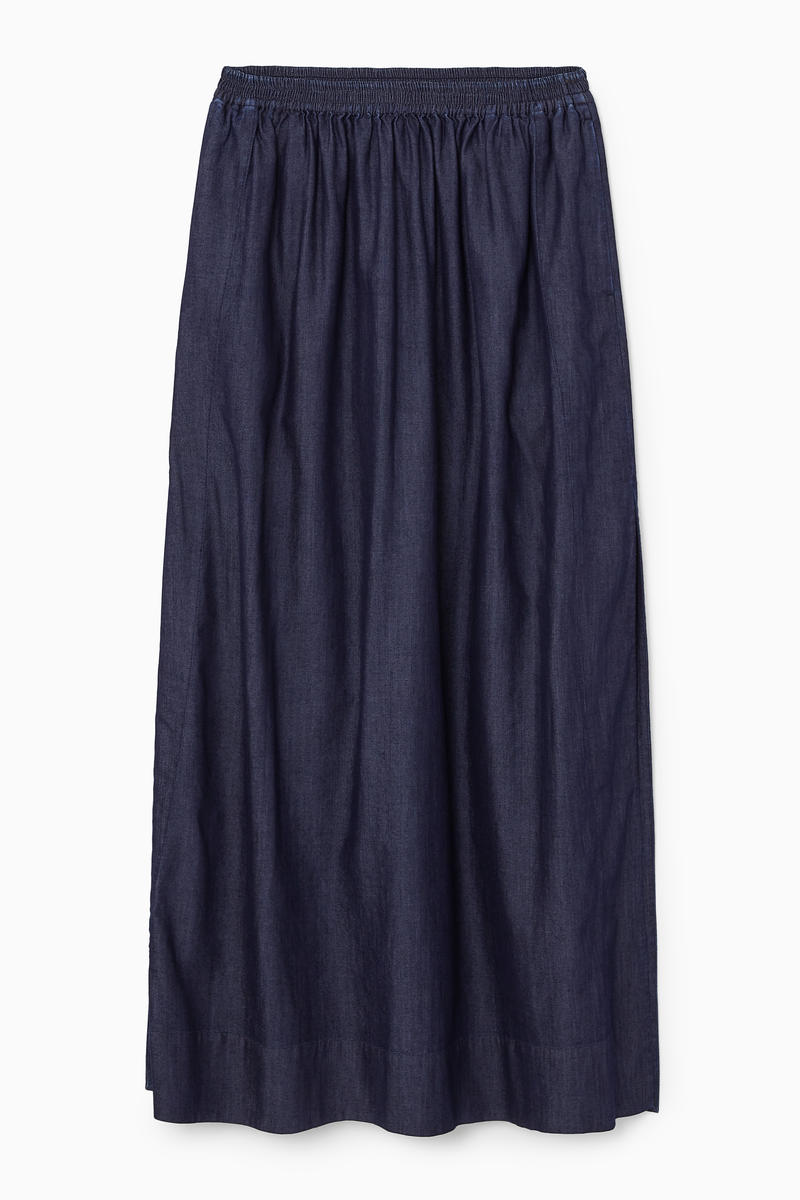 Gathered Denim Maxi Skirt